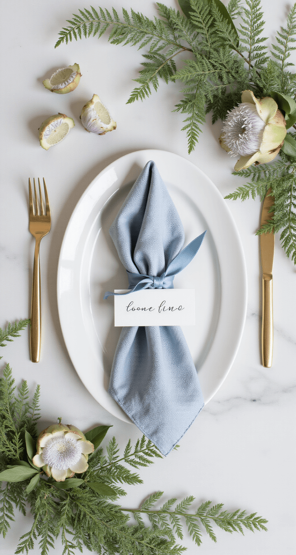 Overhead flat lay of a place setting with a blue napkin on a white charger, gold flatware, and a calligraphed place card, surrounded by protea blooms and fern fronds on marble.