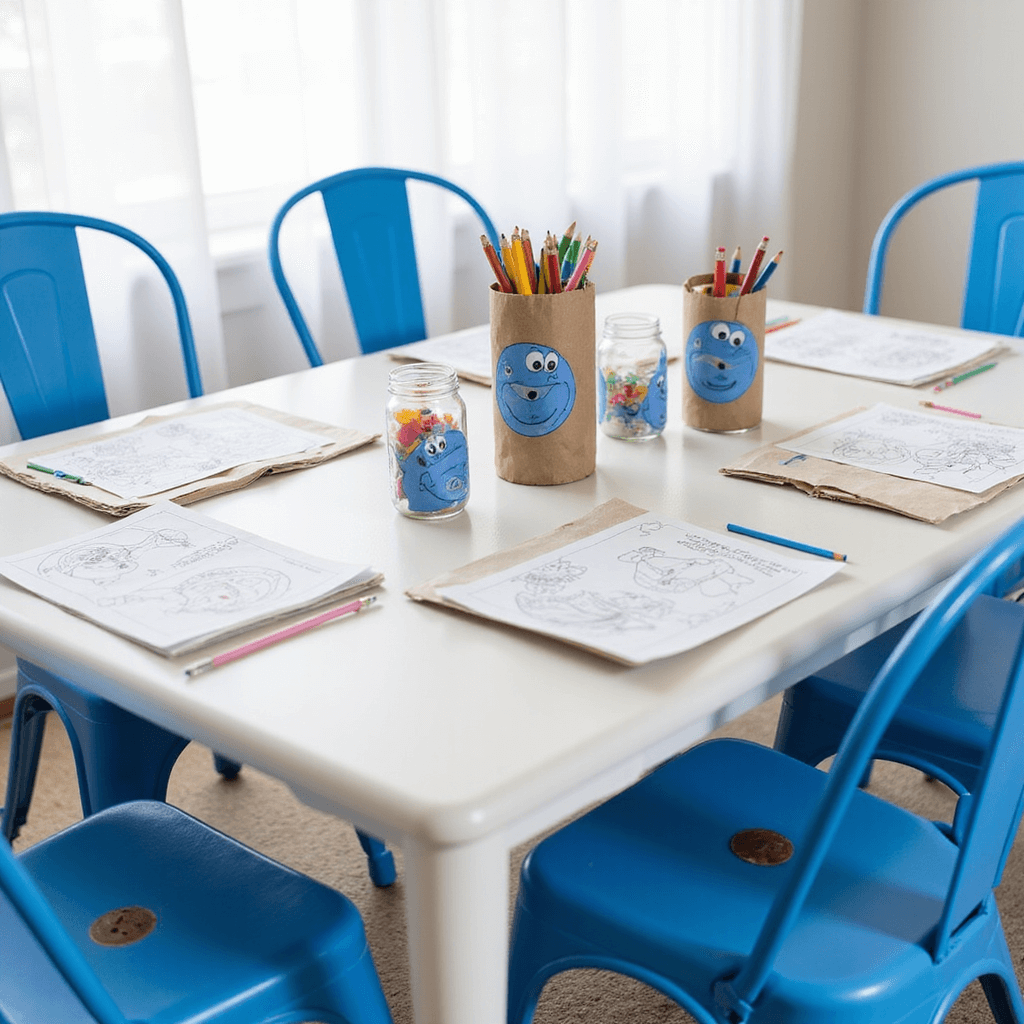 Close-up detail of a children's craft activity table featuring blue metal chairs and a white table adorned with mason jars of colored pencils, character coloring sheets, and handmade party favor bags with Bluey's face, illuminated by natural light through sheer white curtains.