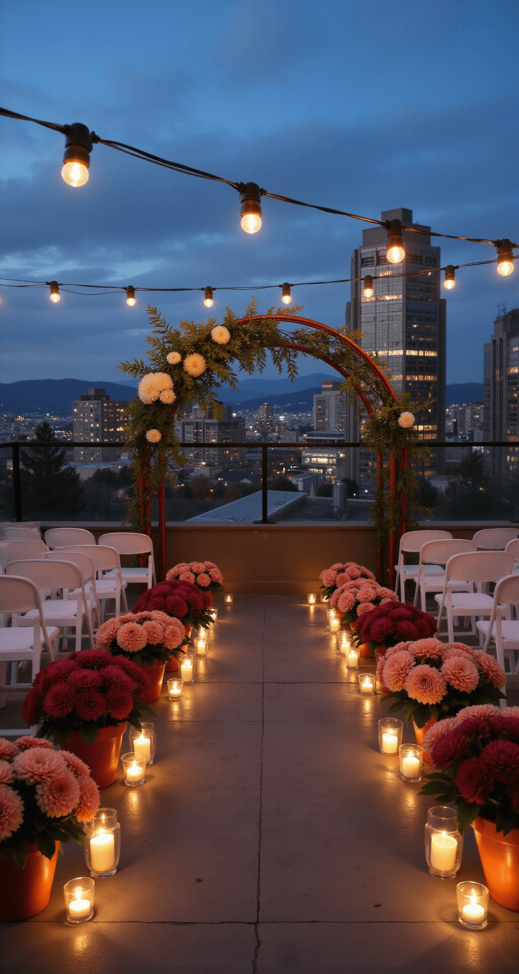 Twilight rooftop ceremony with string lights, dahlias in terra cotta pots, copper arch with laurel and snapdragons, city lights, ghost chairs, and candle lanterns.