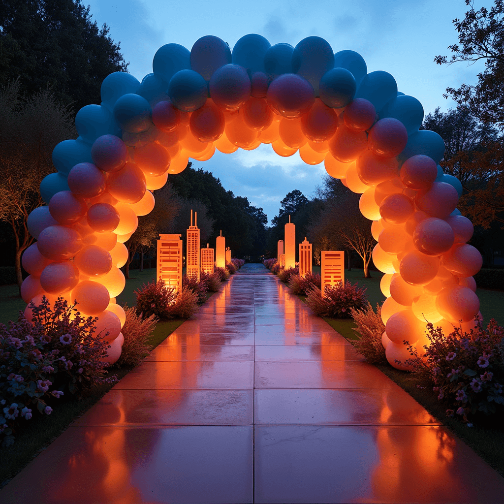 Dramatic evening view of a party entrance with a balloon tunnel in blue to orange shades, LED lights illuminating the path, and cardboard cutouts of Brisbane buildings creating a cityscape, framed by oversized paper flowers and eucalyptus garlands.