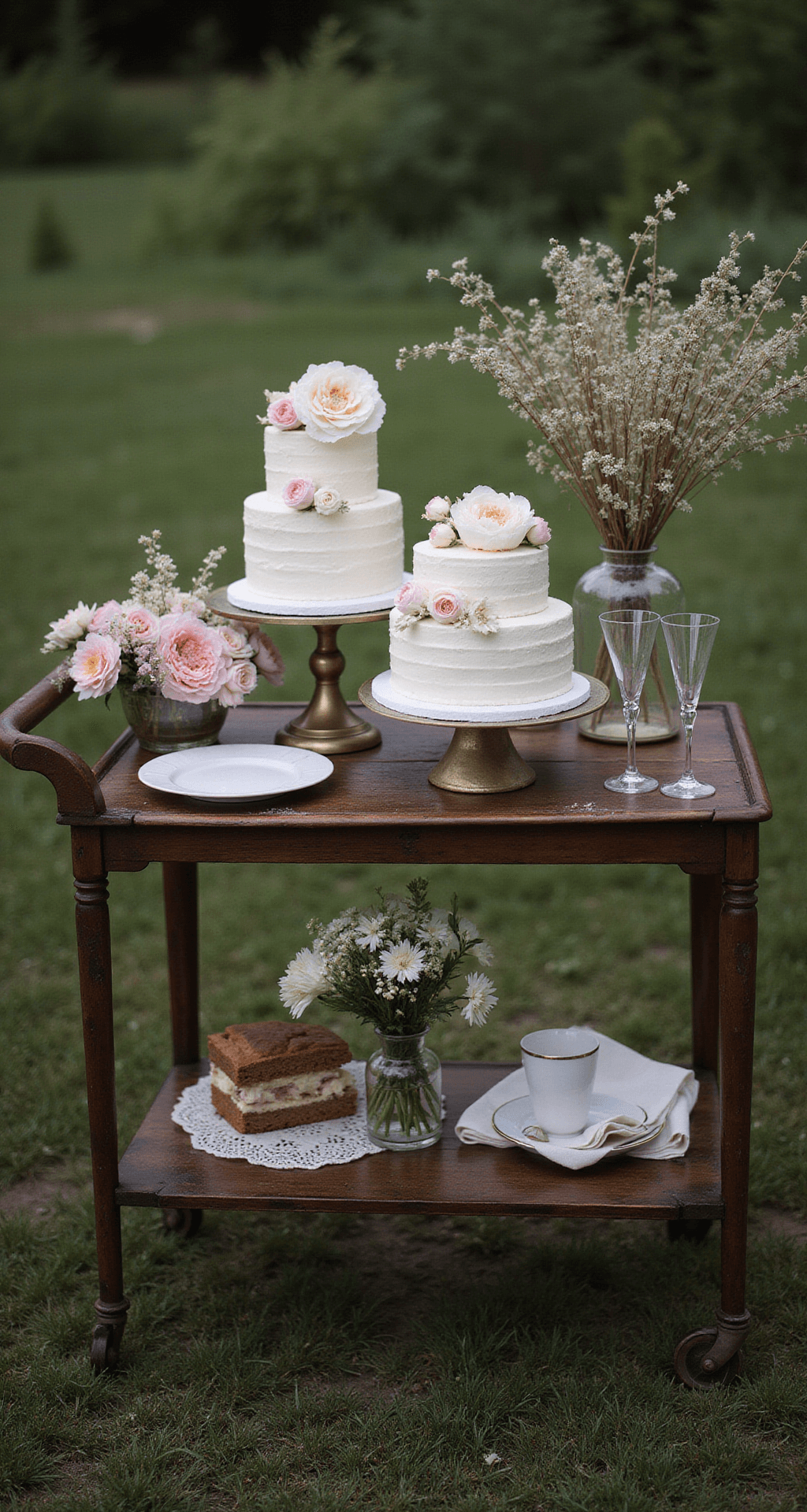 Vintage dessert cart with tiered white cakes adorned with peonies, surrounded by bud vases with lisianthus and sweetspire, brass candlesticks, and champagne coupes in moody evening light.