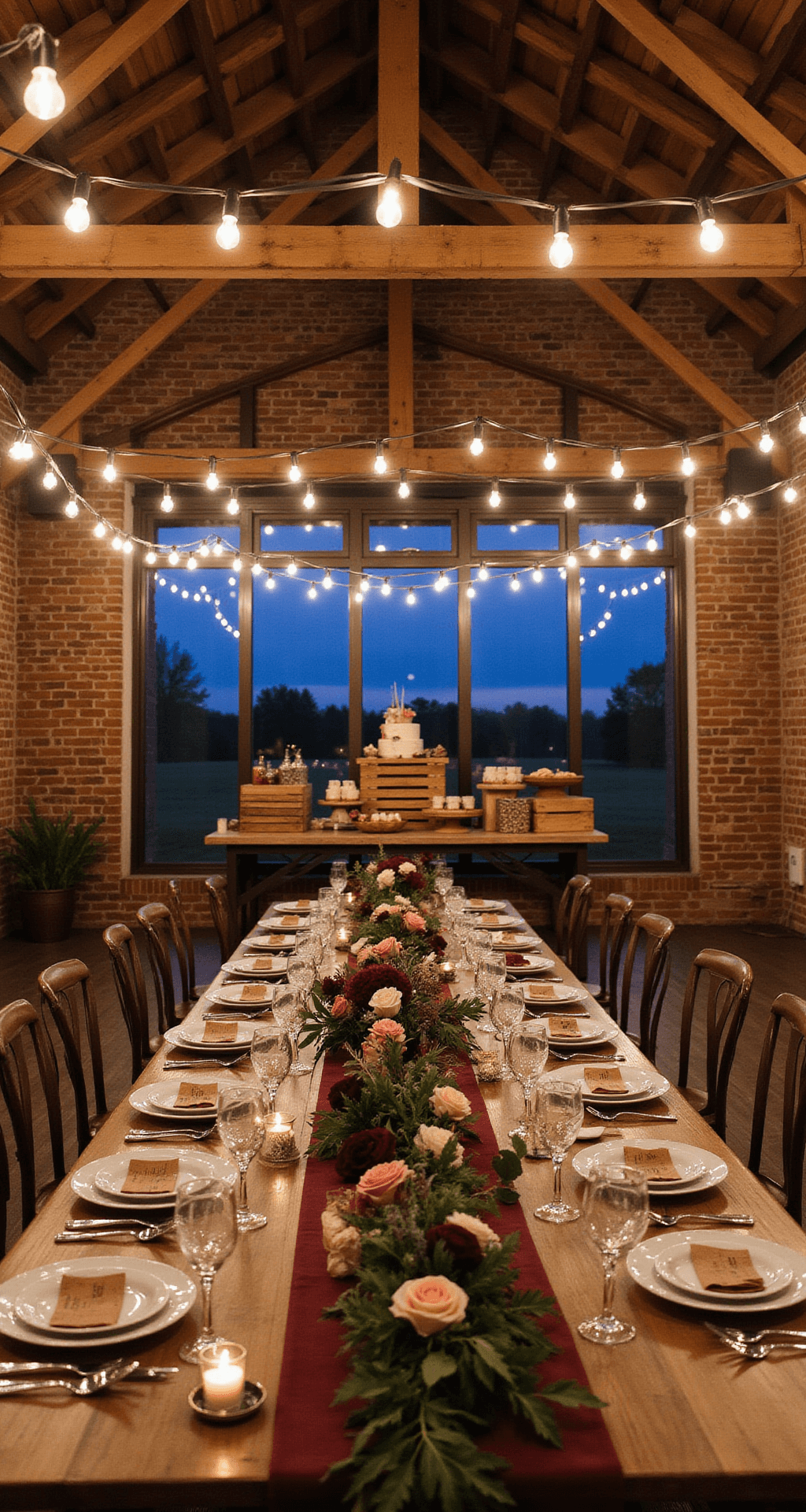 Rustic-luxe barn celebration with Edison bulb string lights, long wooden tables with burgundy and blush floral runners, vintage china, metal chairs, and a dessert display on wooden crates, all set against exposed brick walls during twilight.