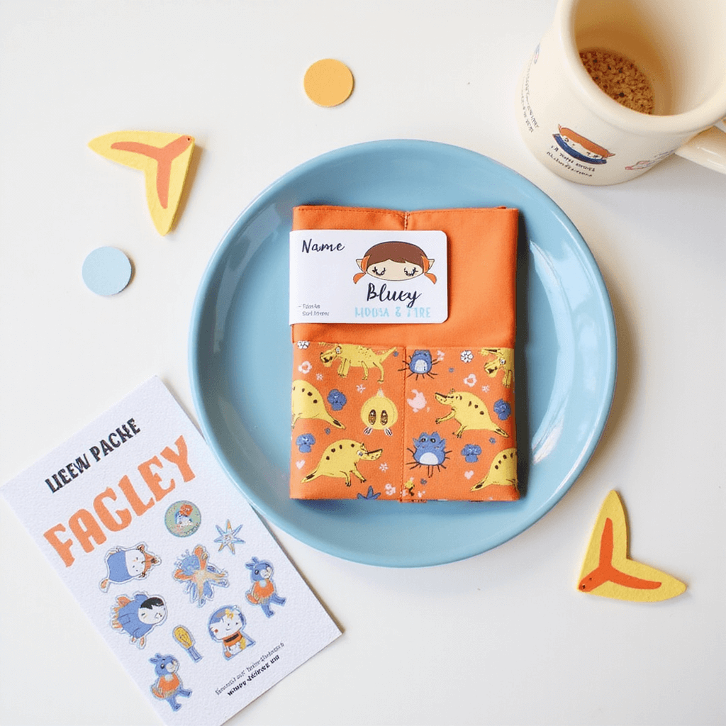 Flat lay of a child's party place setting with a blue enamel plate, an orange napkin featuring character wrap, a custom name card adorned with Bluey illustrations, an activity pack embellished with Australian animal stickers, and scattered confetti along with tiny paper boomerangs.