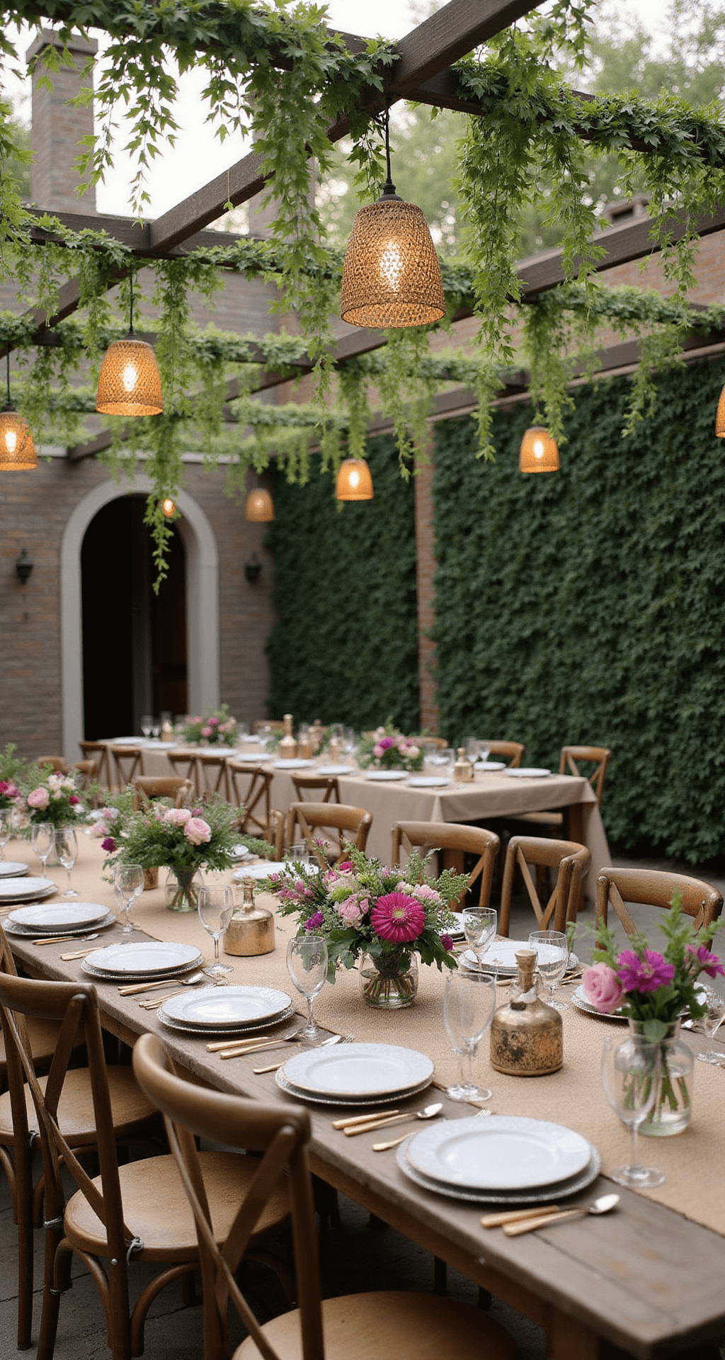 An outdoor courtyard dinner with long tables, vibrant flower arrangements, hanging rattan lights, and vintage decor.