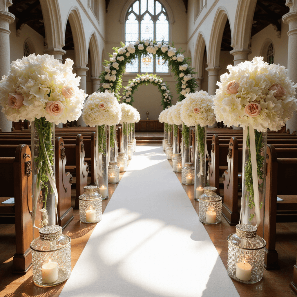 A sunlit church aisle adorned with towering glass vases of cascading white hydrangeas and blush roses, ivory ribbons, crystal-encrusted lanterns, and floating candles. Stained glass creates ethereal light on a pearl-white runner leading to a floral arch with white orchids and greenery.