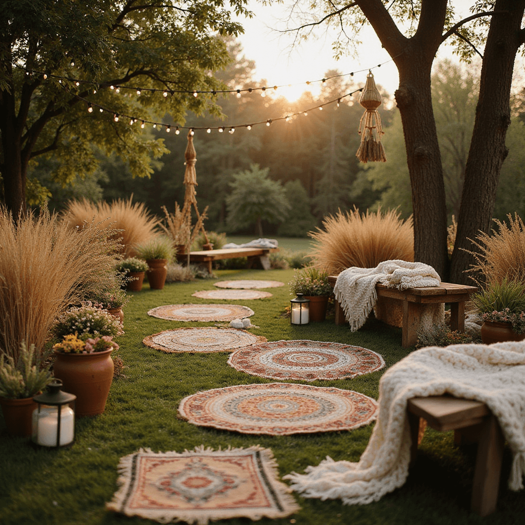 Low-angle view of a boho garden ceremony setup at golden hour, featuring a winding grass pathway lined with dried pampas grass, terracotta pots, macramé planters, Moroccan rugs, brass lanterns, fairy lights, and wooden benches with cream knit throws. Earthy tones and organic textures abound.
