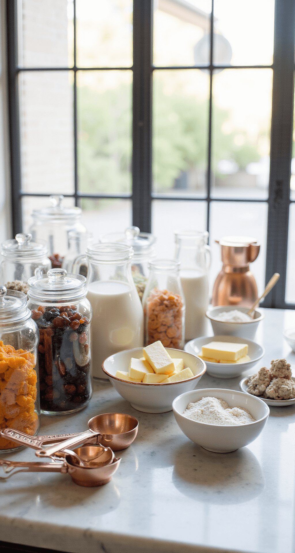 Bright, professional kitchen with natural light, featuring organized ingredients on a marble countertop, including mixing bowls with room-temperature butter and eggs, vintage glass jars of dried fruits and crystallized sugar, and meticulously arranged baking tools and copper measuring cups.