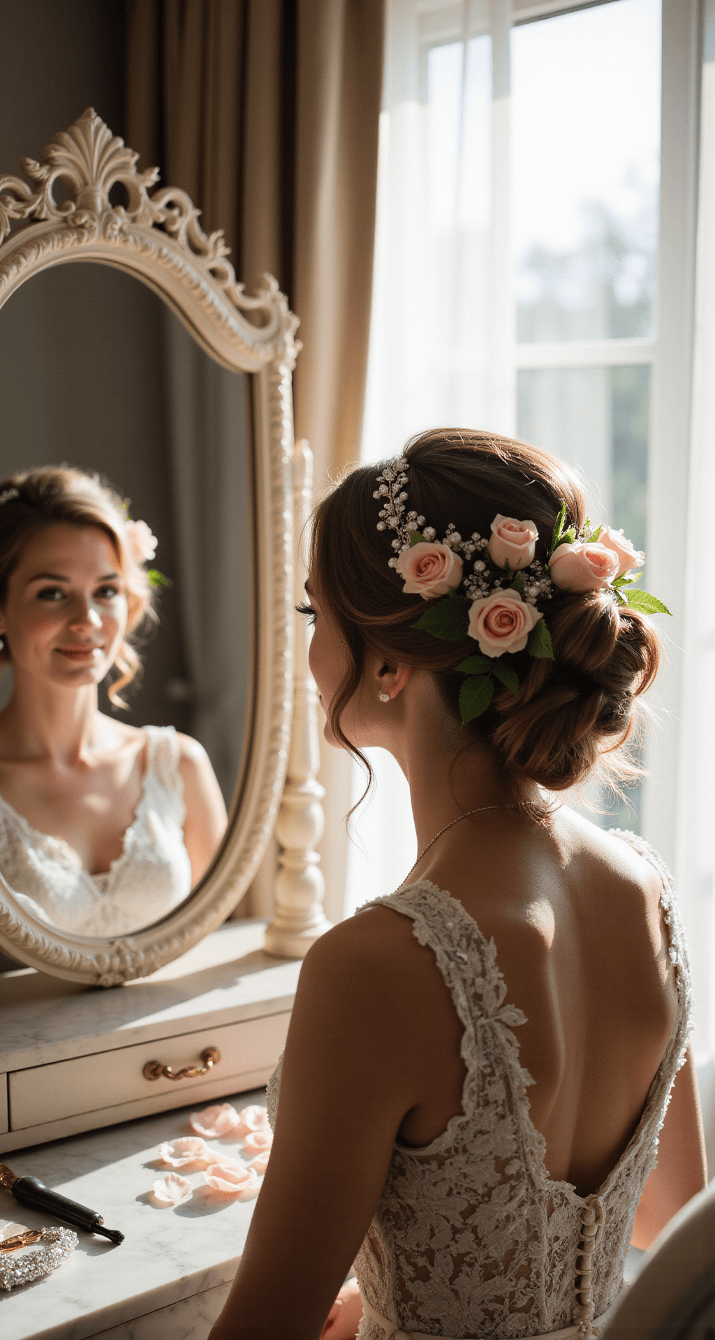 Bride getting her hair styled with roses and pearls, sitting at a vanity in a sunlit bridal suite.