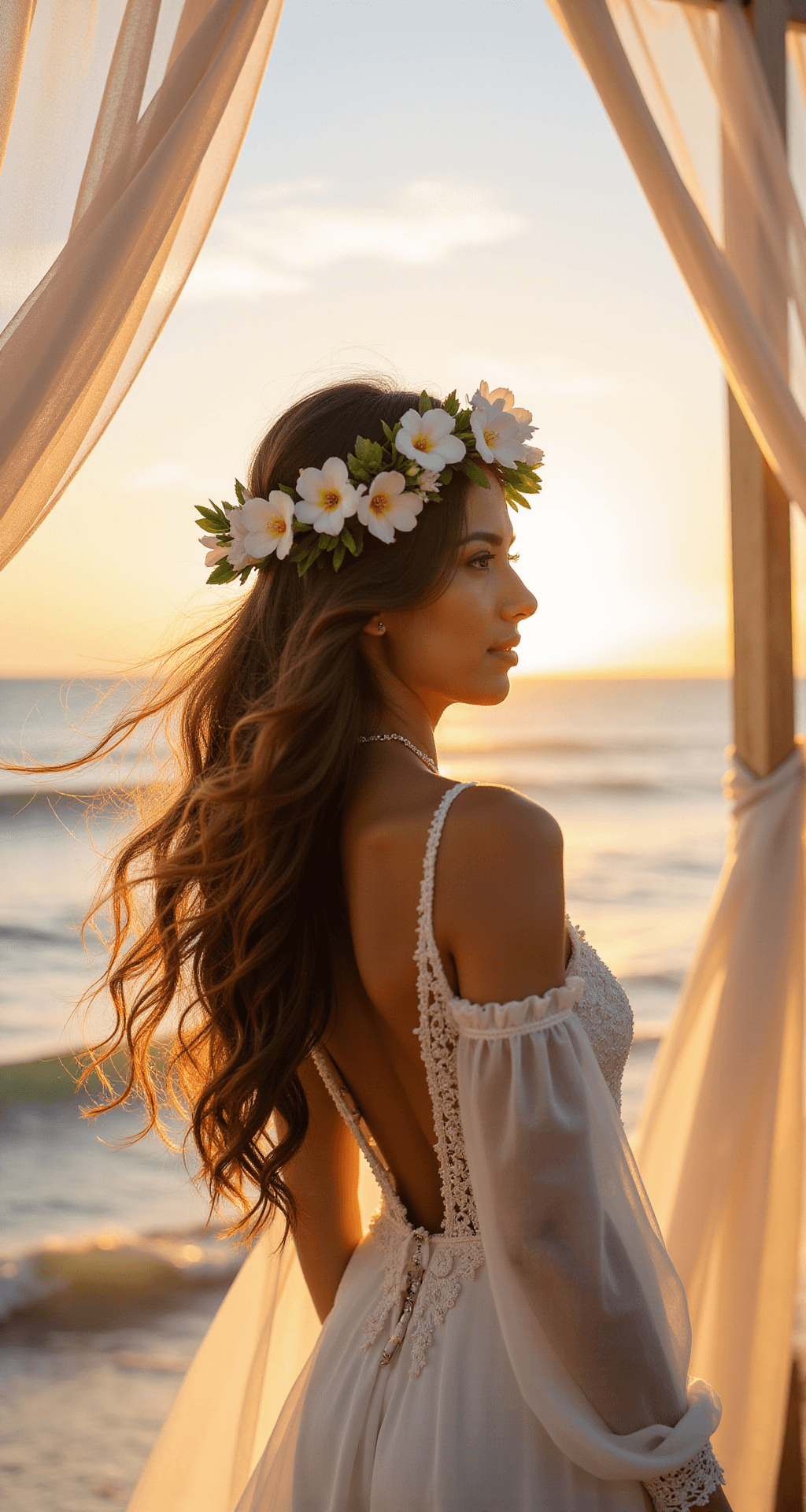 Bohemian beach wedding setup at golden hour with a bride in flowing waves and a flower crown of white plumeria and orchids, illuminated by sunset light against an ocean backdrop, sheer curtains billowing in the breeze.