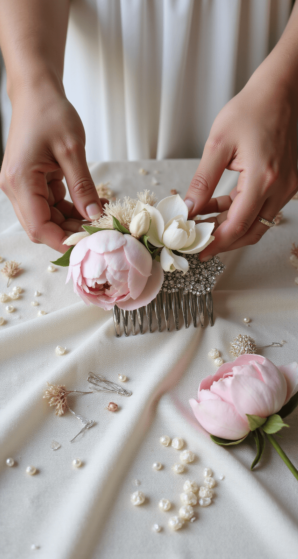A close-up of hands arranging blush peonies and ivory gardenias into an antique silver hair comb, surrounded by pearls, crystal pins, and dried flowers on cream silk, in soft natural light.