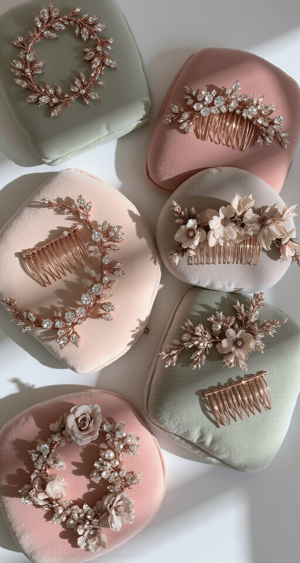 Overhead view of a bridal boutique display with rose gold hair vines, crystal-embellished combs, and silk flower crowns on dusty rose and sage velvet cushions, illuminated by accent lighting.