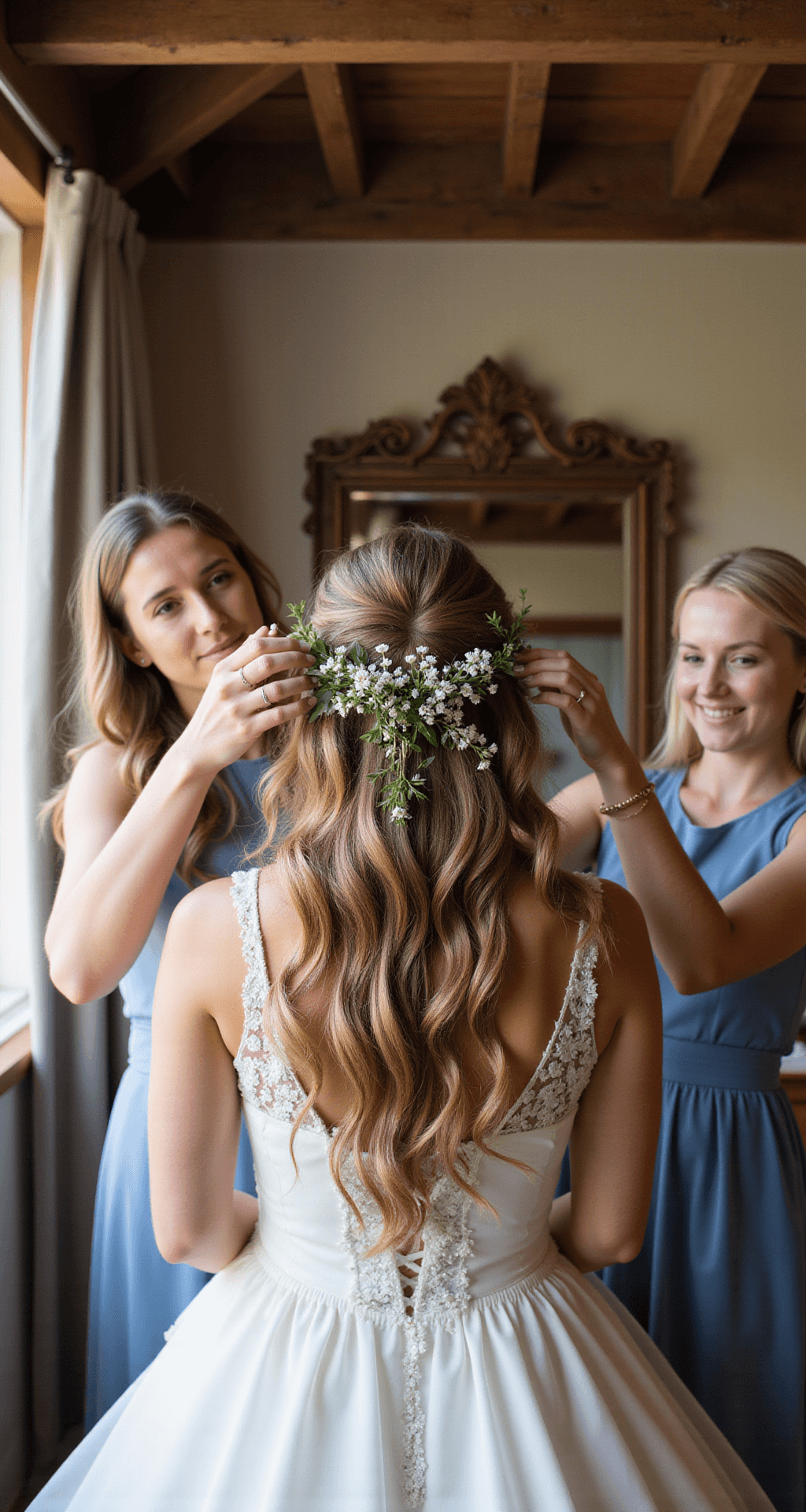 A bride's sister delicately threading wildflowers and baby's breath into the bride's loose braid in a rustic barn setting, as soft natural light filters through wooden beams and a vintage mirror reflects the scene.
