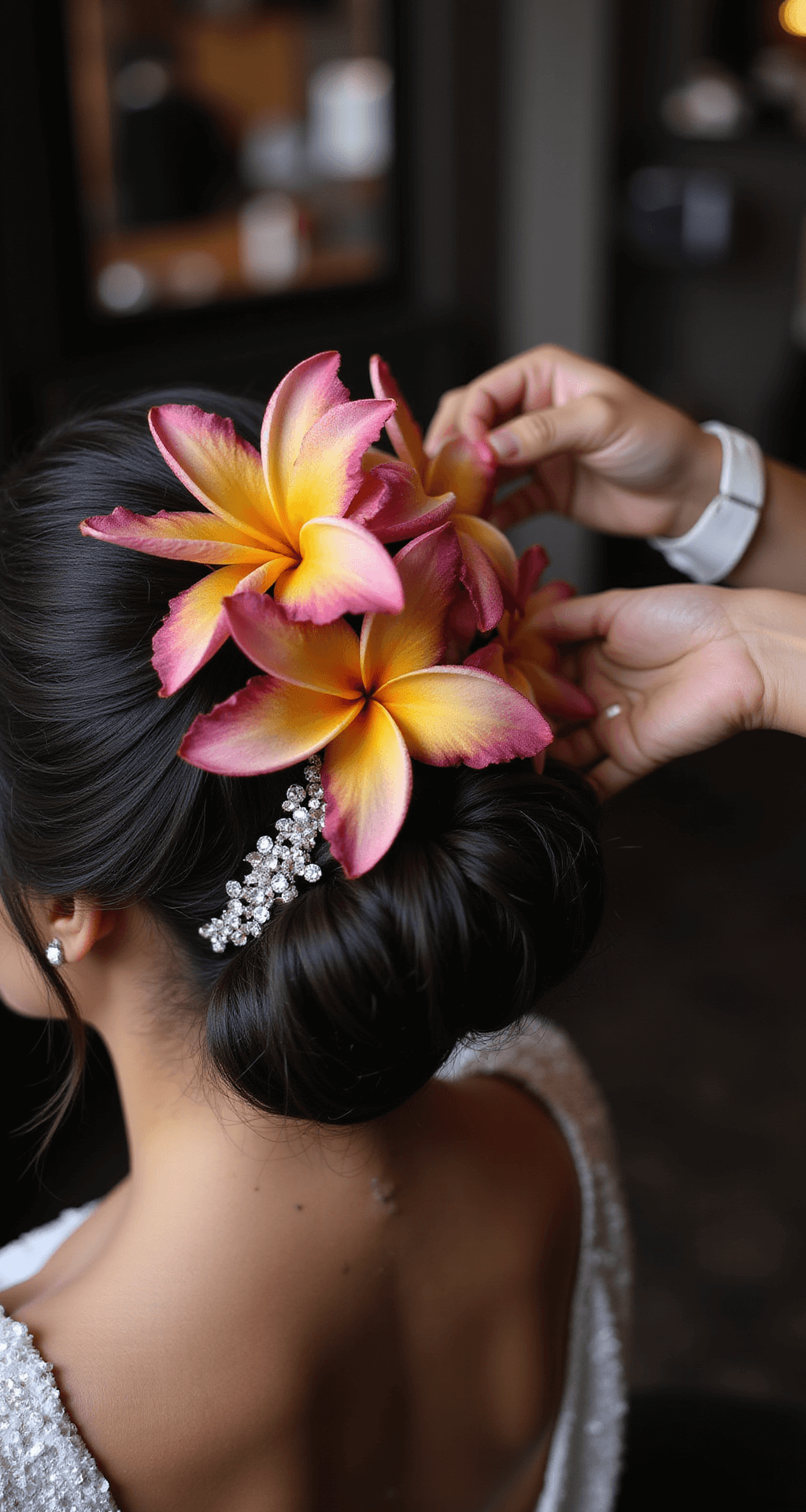 Close-up of a sleek bridal updo adorned with vibrant orchids and plumeria, contrasted against dark hair, with crystal accessories sparkling in dramatic evening lighting.