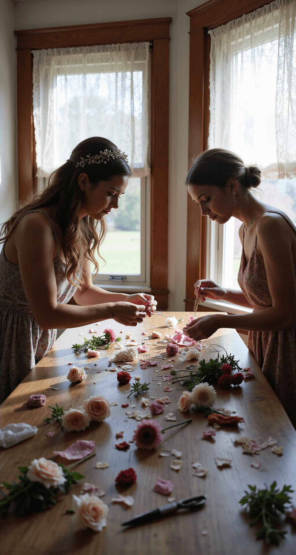 Wide-angle view of bridesmaids crafting silk flower hair accessories at a farmhouse table, surrounded by scattered craft supplies and bathed in soft afternoon light through lace curtains.