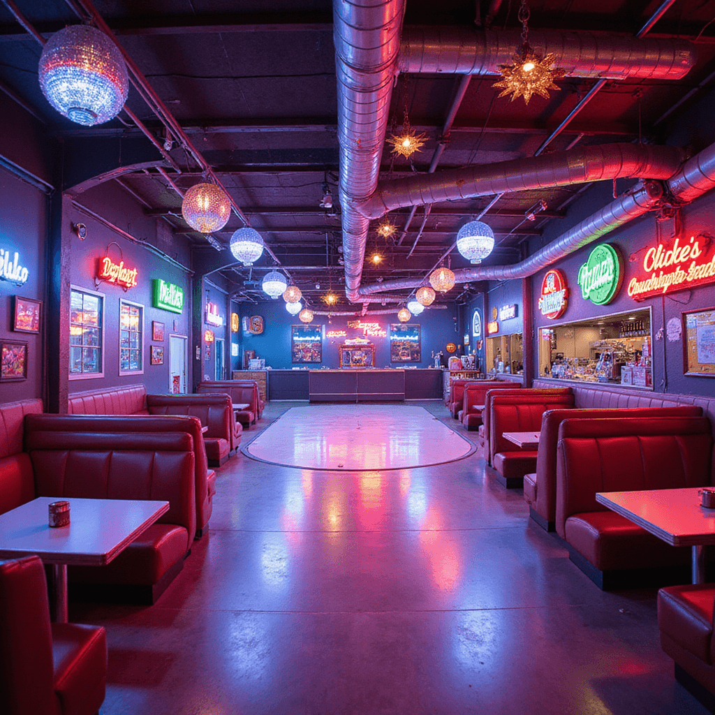 A vibrant retro roller skating party setup in a transformed warehouse at twilight, featuring LED color wheels casting rainbow patterns, a central skating rink, chrome and vinyl diner booths, walls decorated with vintage memorabilia and disco balls, neon signage, and a candy bar with metallic accents and bright colors.