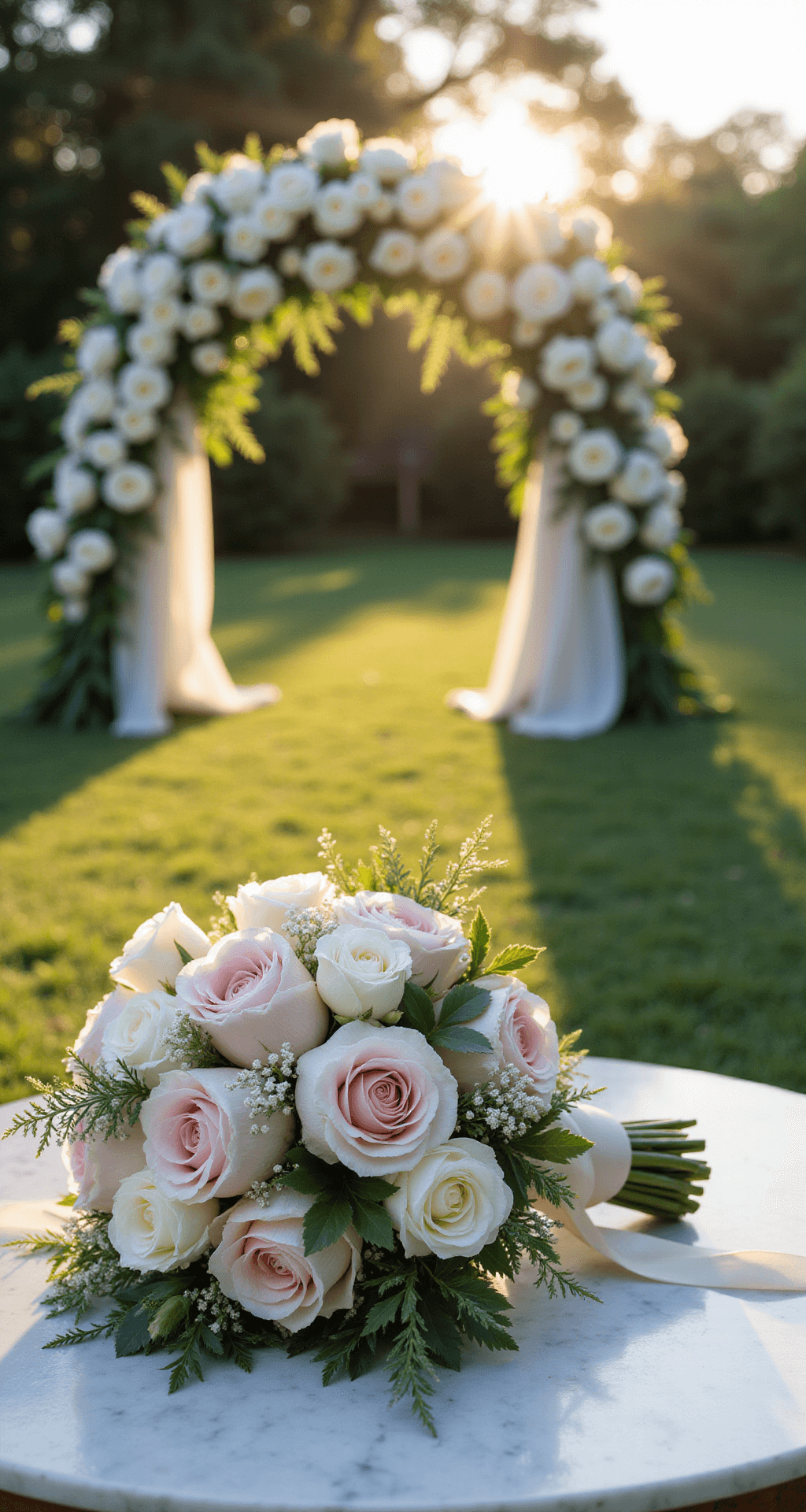 Sunlit garden ceremony setup with a floral arch of white roses and peonies, an elegant bridal bouquet on a vintage marble table with blush roses, white peonies, and trailing ivy, captured in golden hour lighting with dewdrops and flowing ribbons.