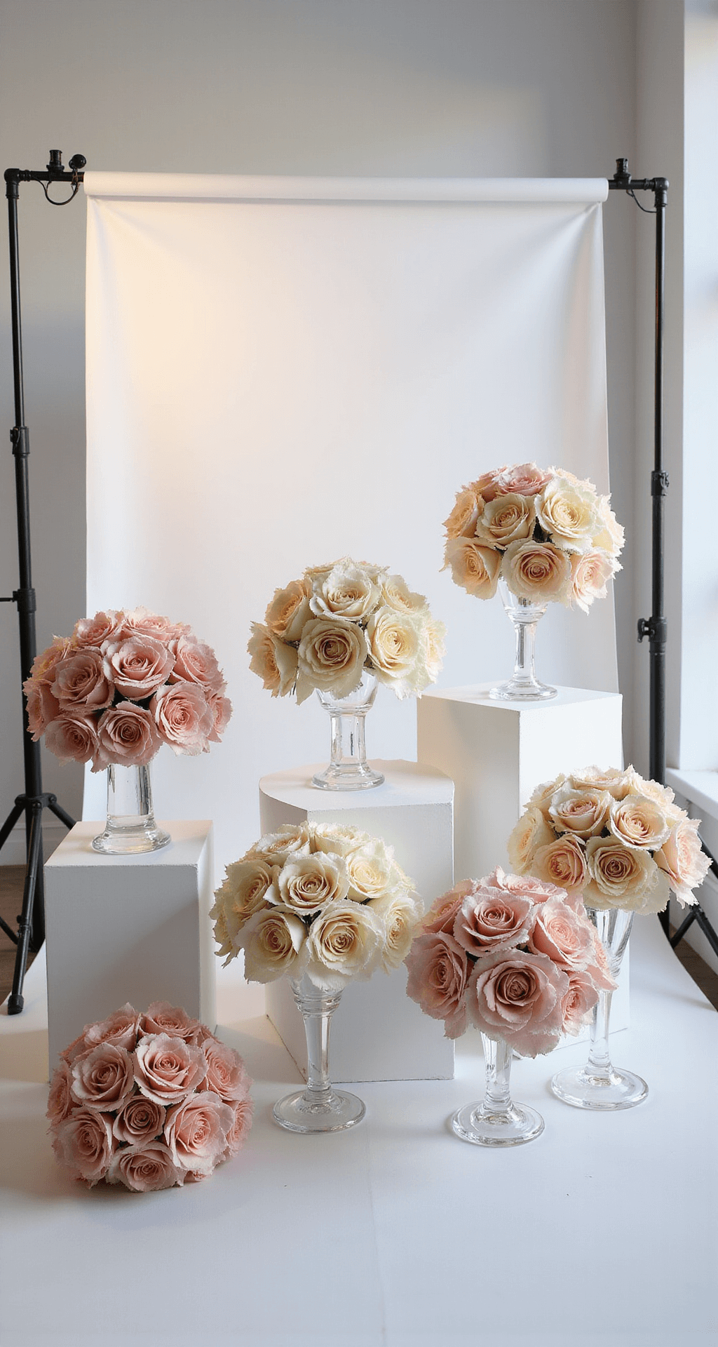 An indoor studio displaying artificial wedding bouquets on crystal stands with soft lighting highlighting the realistic silk flowers against a clean white backdrop.