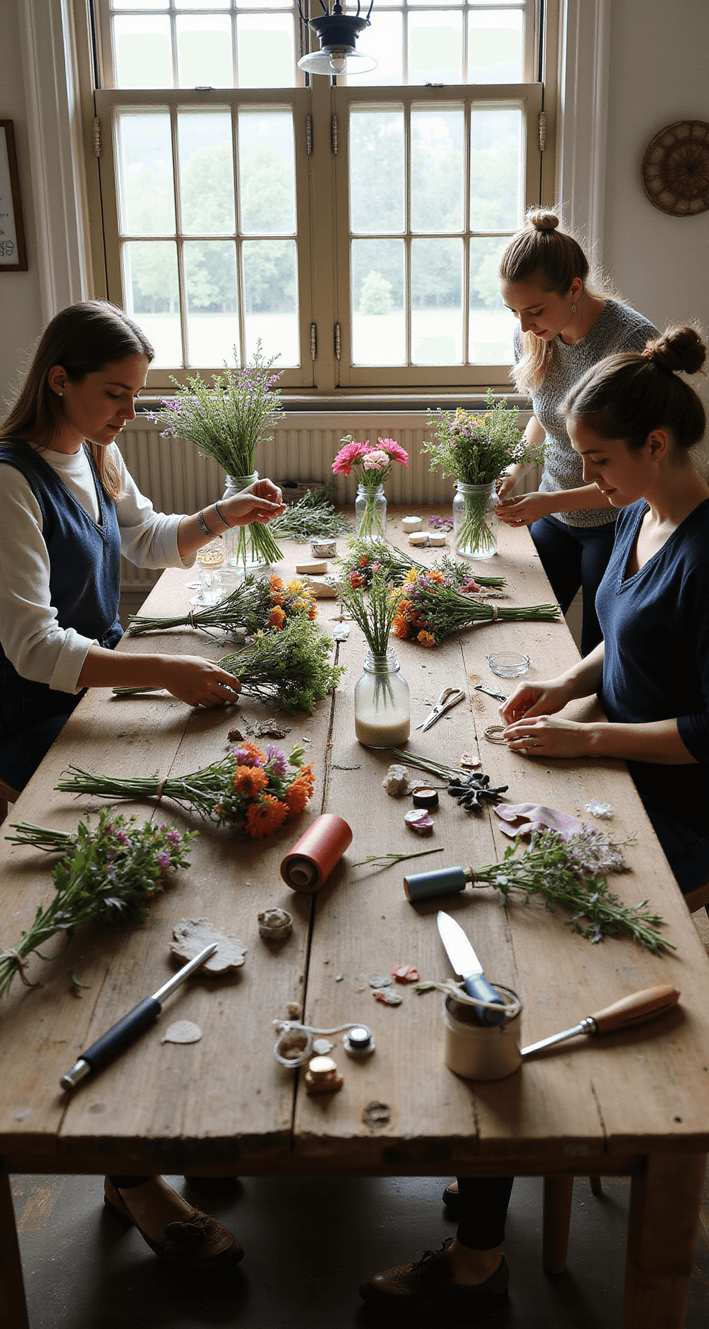 Overhead view of a rustic farmhouse kitchen table during a DIY bouquet workshop, with natural light highlighting scattered wildflowers, crafting tools, ribbon spools, and hands crafting bouquets. Vintage mason jars hold completed flower arrangements.