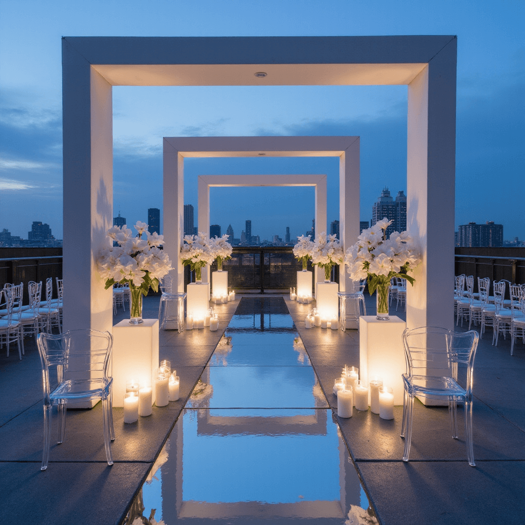 Modern minimalist rooftop ceremony at dusk with white geometric pillars, calla lilies, orchids, acrylic chairs, mirrored aisle, city lights, uplighting, floating candles, clean lines, twilight sky.