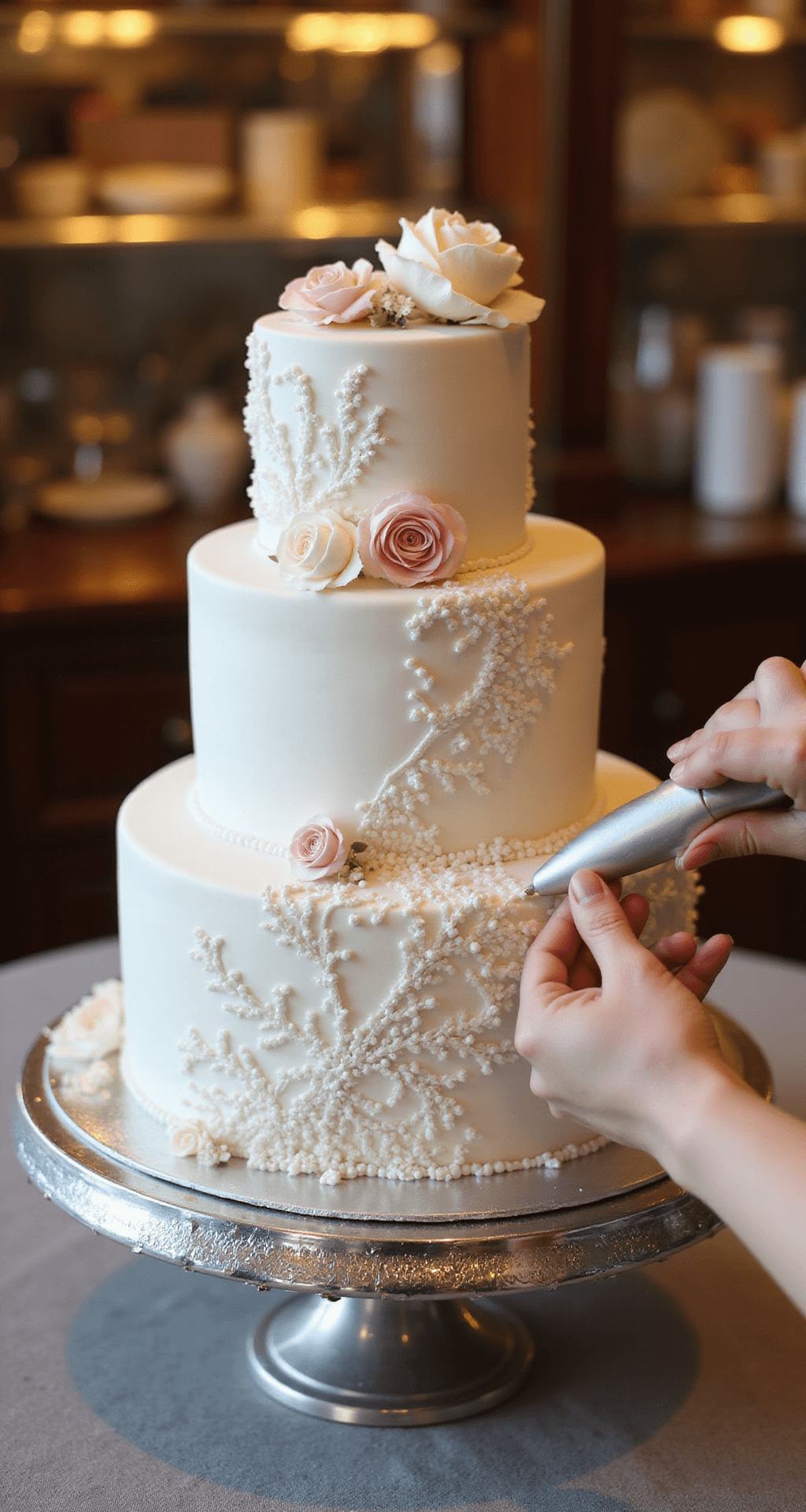 A three-tiered white wedding cake on a mirrored silver stand, adorned with intricate lace patterns in royal icing, fresh sugar flowers in pastel pinks and ivories, and crystalline sugar pearls, all illuminated by warm golden hour light in an elegant pastry kitchen.