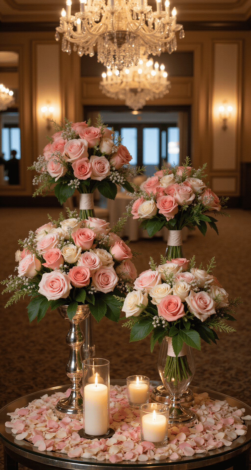 Luxury hotel ballroom with mirrored table displaying premium rental bouquets on silver stands, under crystal chandeliers; surrounded by candlelight and rose petals.