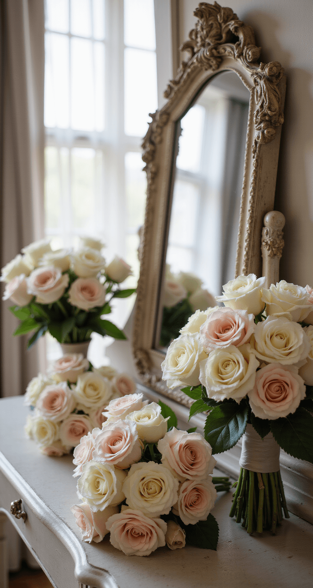 Bridal dressing room with vintage vanity, rose bouquets, and soft morning light through sheer curtains.