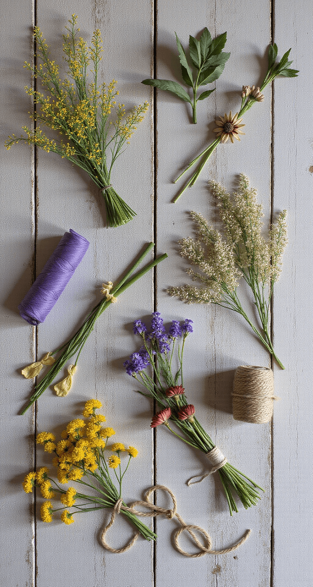 A flat lay of a deconstructed wildflower bouquet on rustic barn wood, featuring individual stems, gardening scissors, twine, and dried elements under natural light.