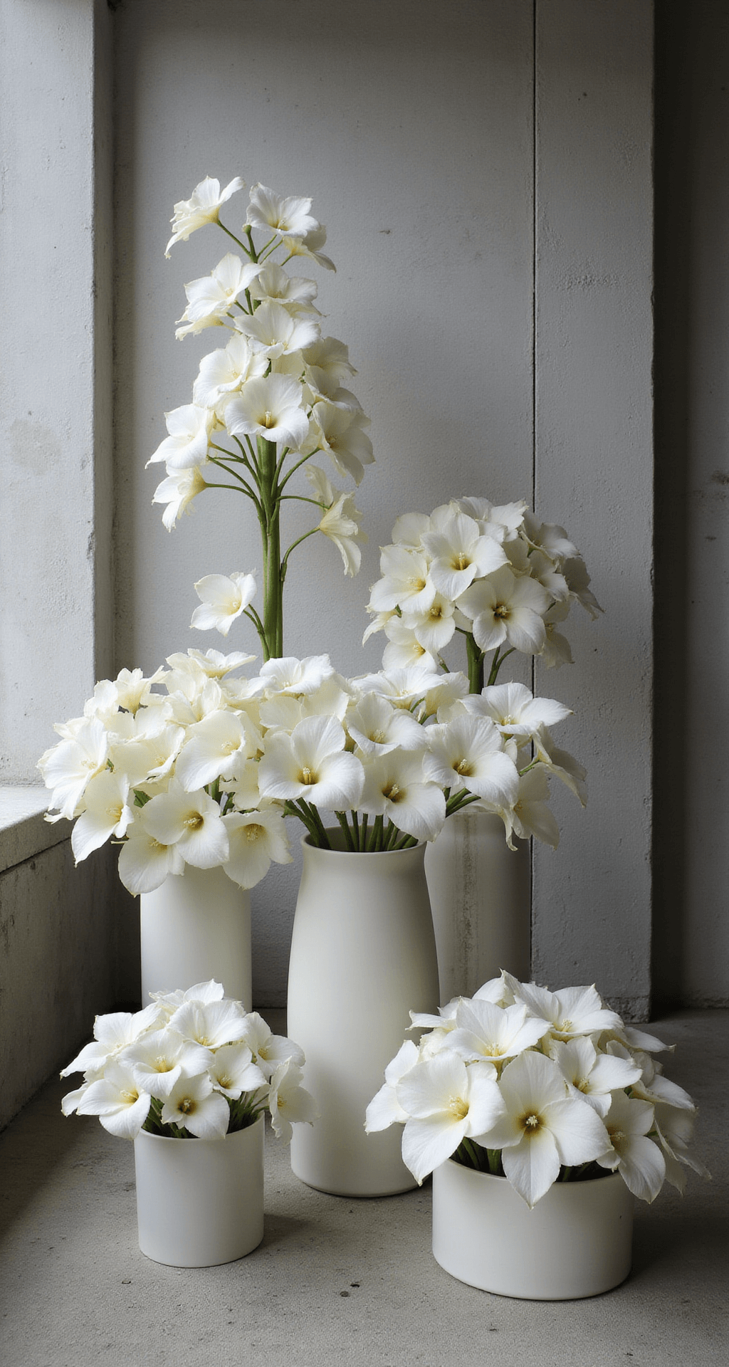Modern minimalist urban loft with white calla lilies and orchids against concrete walls, dramatic side lighting, bold shadows, clean lines, and negative space.
