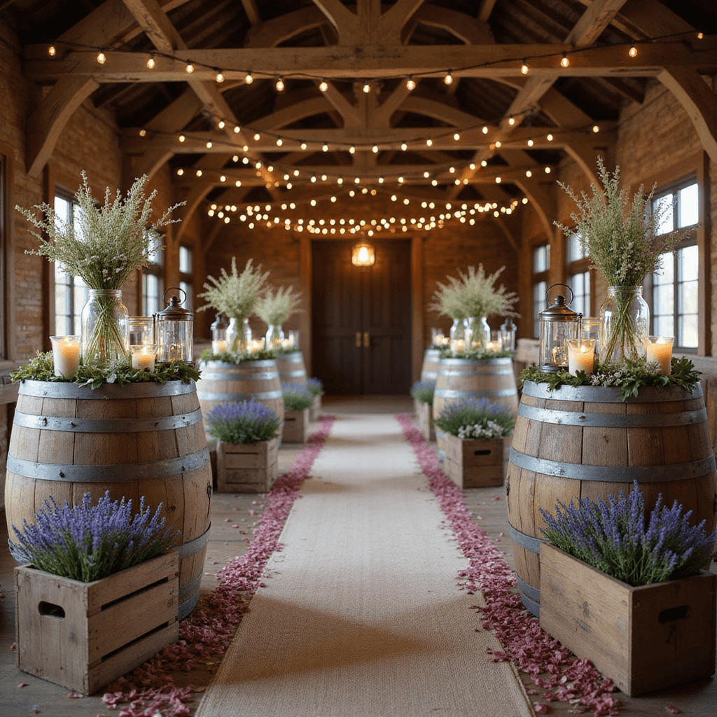 A rustic barn wedding setting featuring wooden barrels with mason jar wildflower arrangements, antique lanterns on shepherd's hooks, a burlap runner with rose petals, wooden crates with lavender, and Edison bulb string lights.