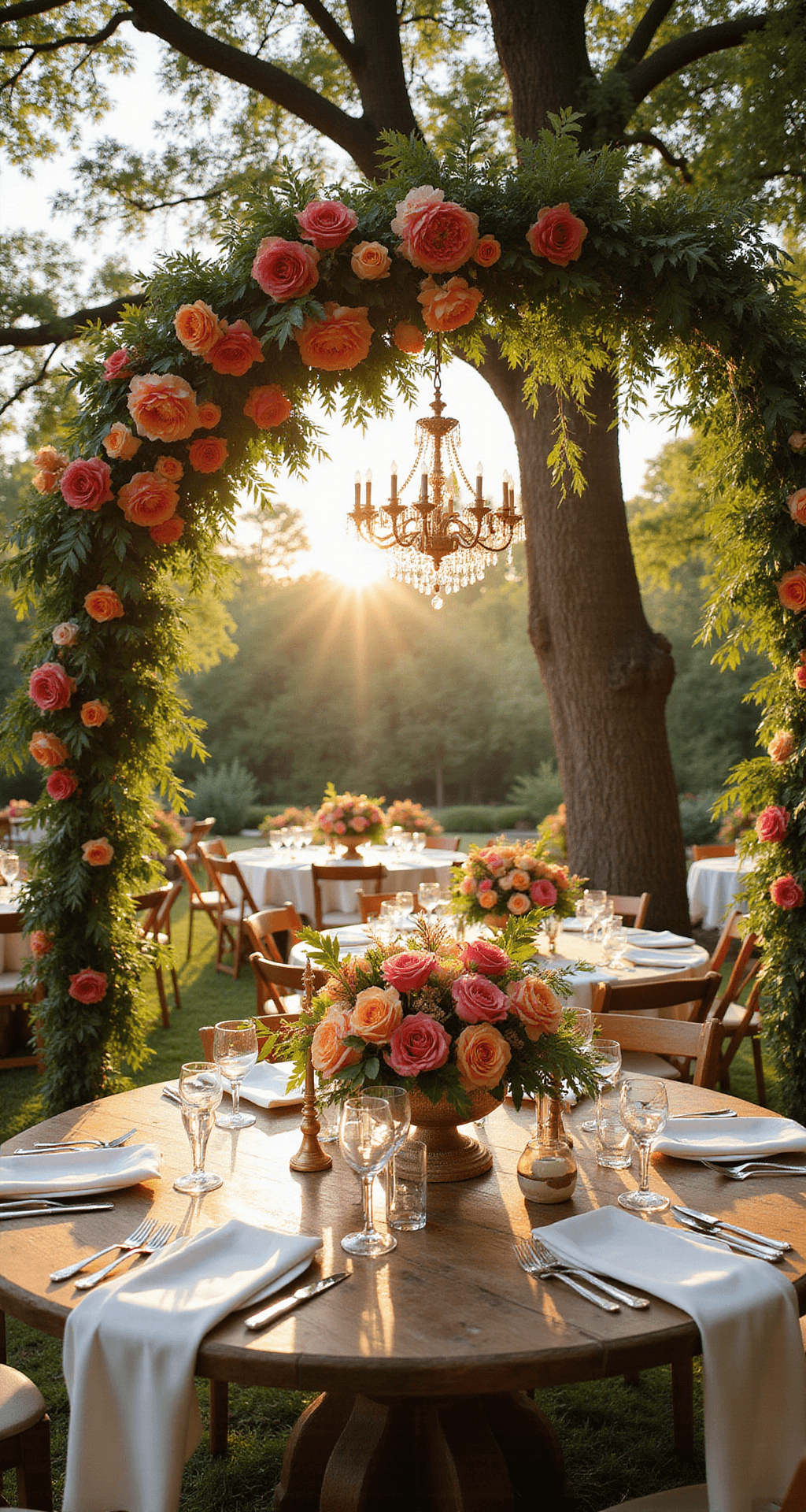 Alt text: Sunlit garden ceremony setup with an 8-foot floral arch of coral and orange roses, round tables with rose centerpieces, crystal chandeliers, and farm tables with ivory silk runners in a romantic atmosphere.