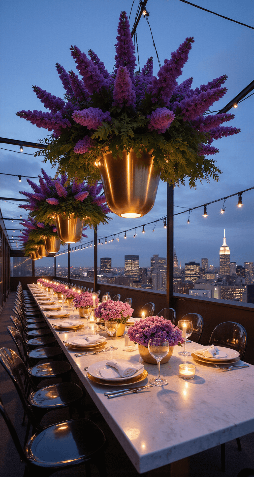 A modern rooftop venue at twilight with dramatic purple flower canopies, metallic gold vessels, and thousands of fairy lights, overlooking the sparkling Manhattan skyline.