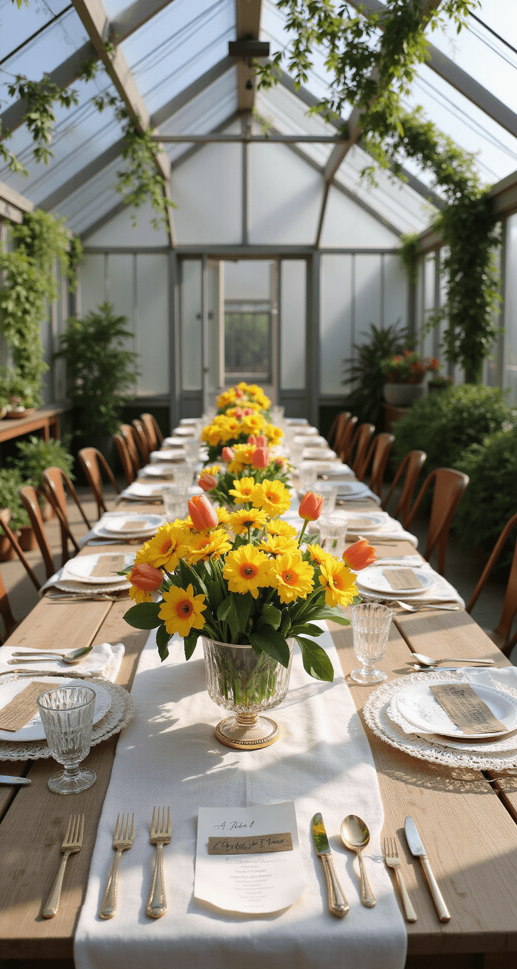 A sunlit greenhouse brunch with daffodils and tulips in crystal vases on wooden tables, accented by muslin runners, gold-rimmed glassware, and handwritten cards, surrounded by trailing vines and potted plants.
