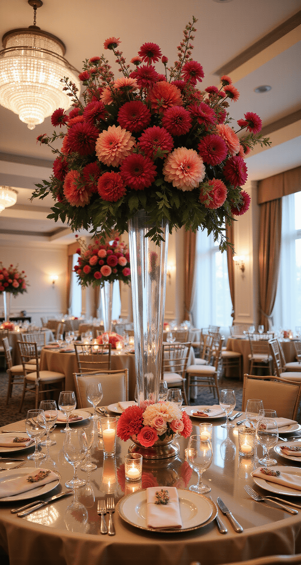 A lavish ballroom with dramatic floral centerpieces of magenta and coral dahlias and garden roses on mirrored tables, illuminated by crystal chandeliers and floating candles. Ivory silk drapes and gold Chiavari chairs enhance the romantic setting.