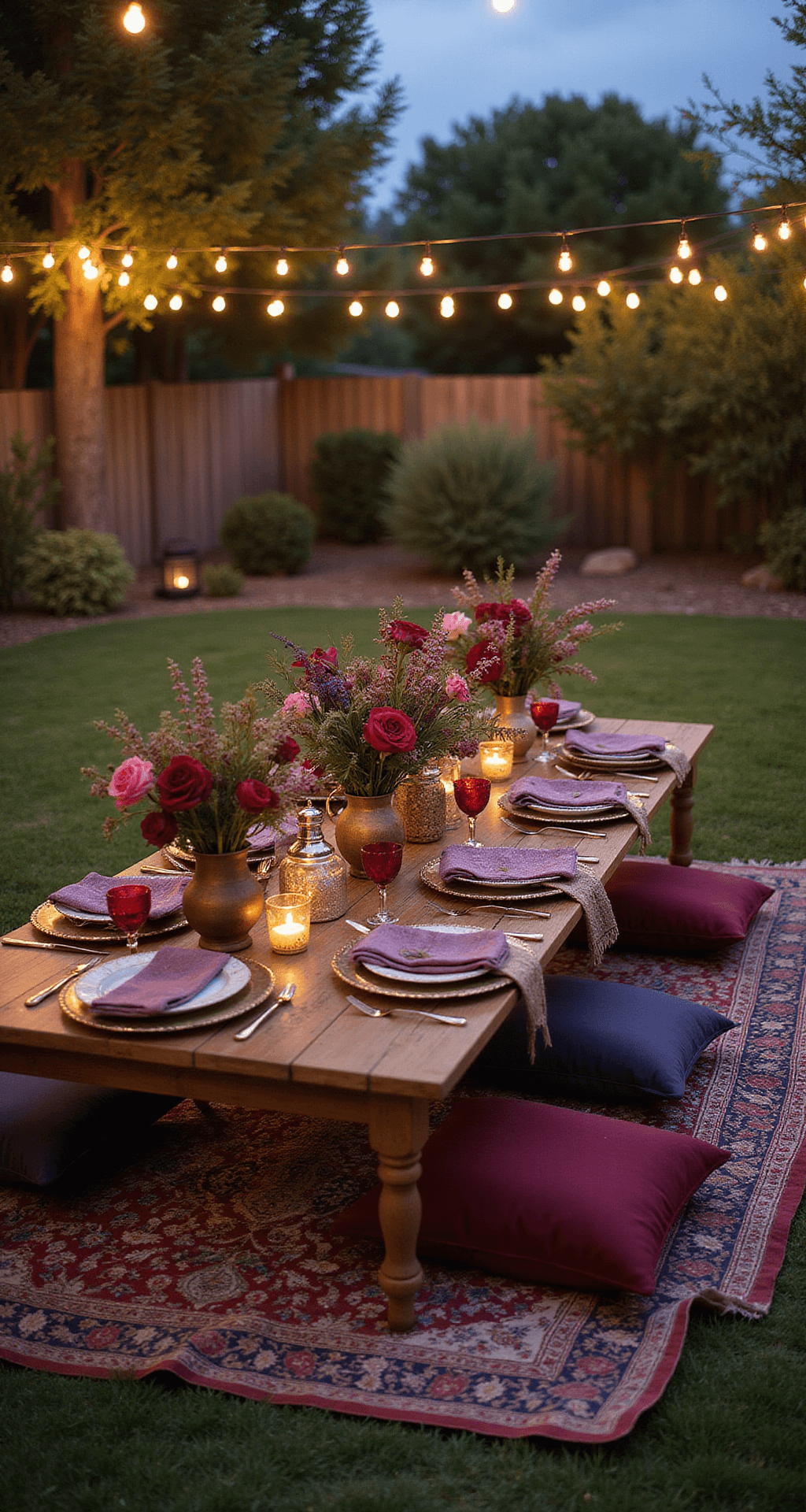 A cozy Bohemian backyard dinner party with low tables decorated with wildflowers in vibrant colors, surrounded by floor cushions and vintage rugs, under ambient lighting from Moroccan lanterns and string lights.