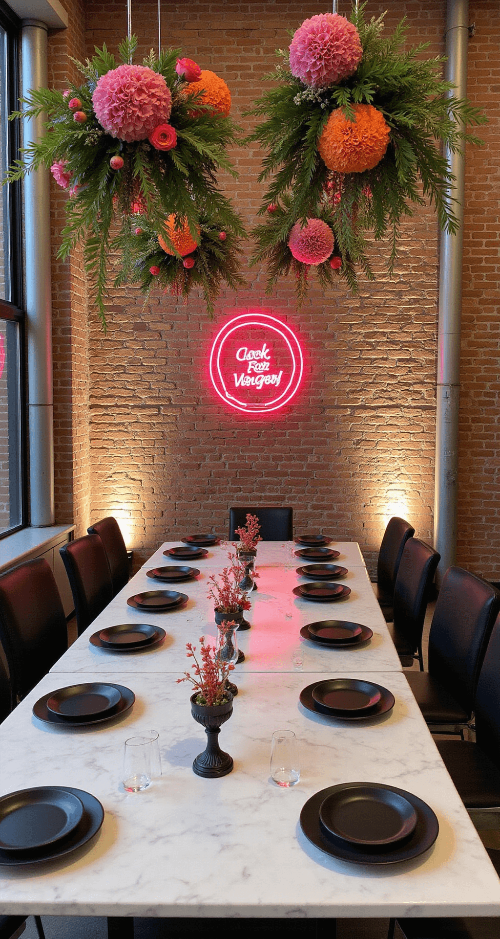 Overhead view of a modern loft celebration with industrial-elegant styling, featuring suspended floral installations in bright pink and orange against exposed brick walls, white marble tables set with matte black plates, geometric centerpieces, and punchy neon signage.