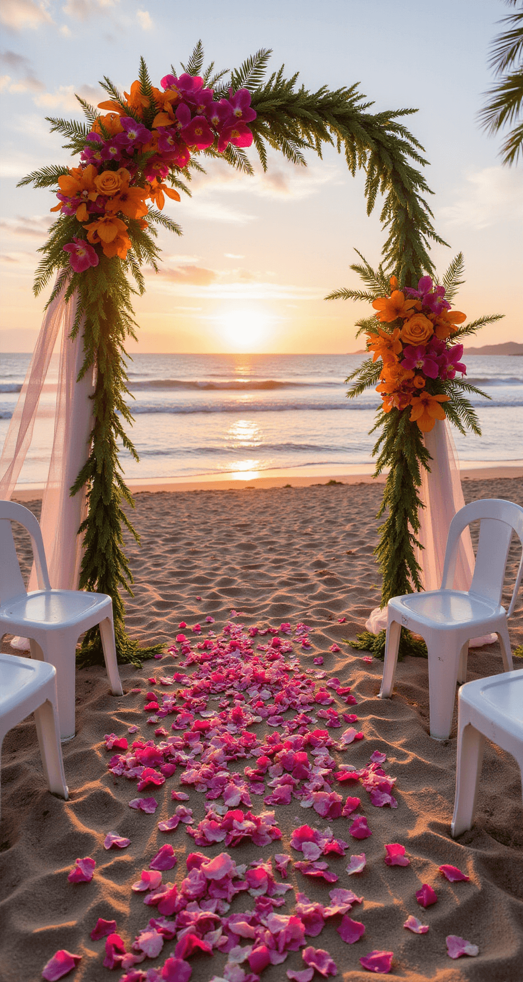 A beachfront sunset ceremony with vibrant tropical flowers, white chairs along an aisle of rainbow rose petals, sheer fabric in the breeze, and ocean backdrop at golden hour.