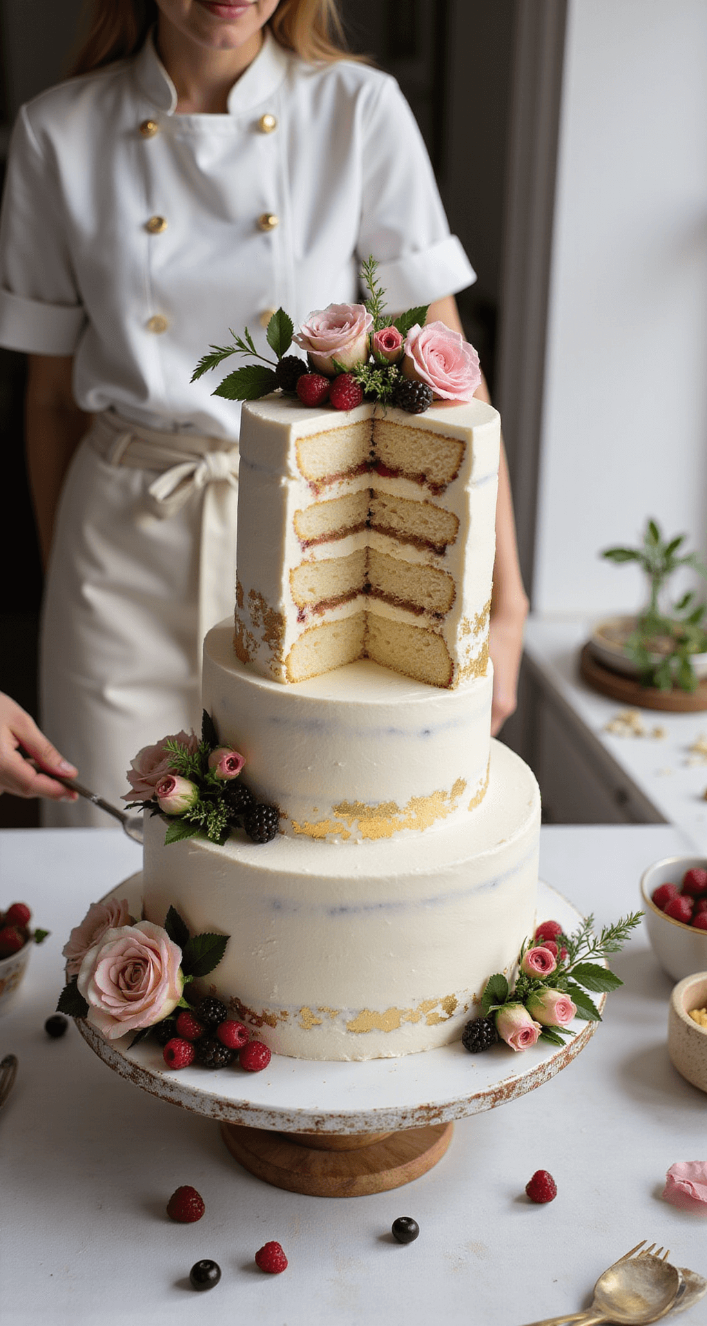 An elegant pastry kitchen with a three-tier naked cake decorated with fresh garden roses and wild berries, showcasing delicate vanilla sponge and minimal buttercream finish, illuminated by natural light.
