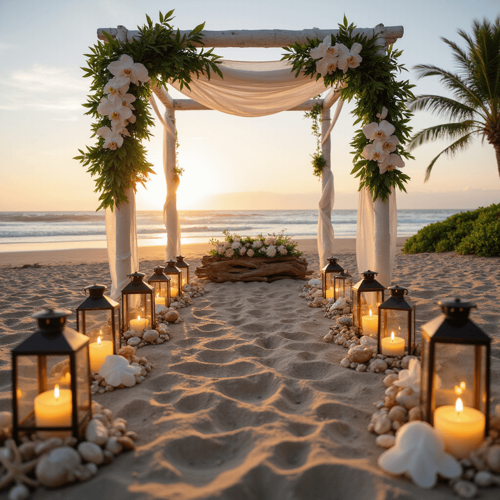 A beachfront sunset ceremony scene with a sandy aisle lined with hurricane lanterns, shells, and starfish. Wooden posts wrapped with monstera leaves and dendrobium orchids hold billowing gauzy fabric. Golden hour light casts shadows on the sand. A driftwood altar adorned with tropical flowers completes the scene.