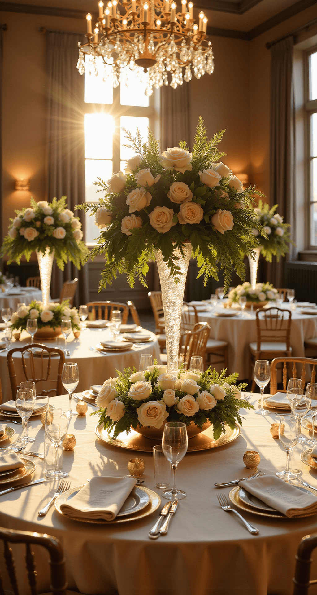A sunlit ballroom during golden hour, featuring round tables with white garden roses, greenery, crystal chandeliers, ivory silk tablecloths, gold-rimmed chargers, champagne glasses, and elegant glass centerpieces, captured in a sweeping wide angle to showcase the grand design.