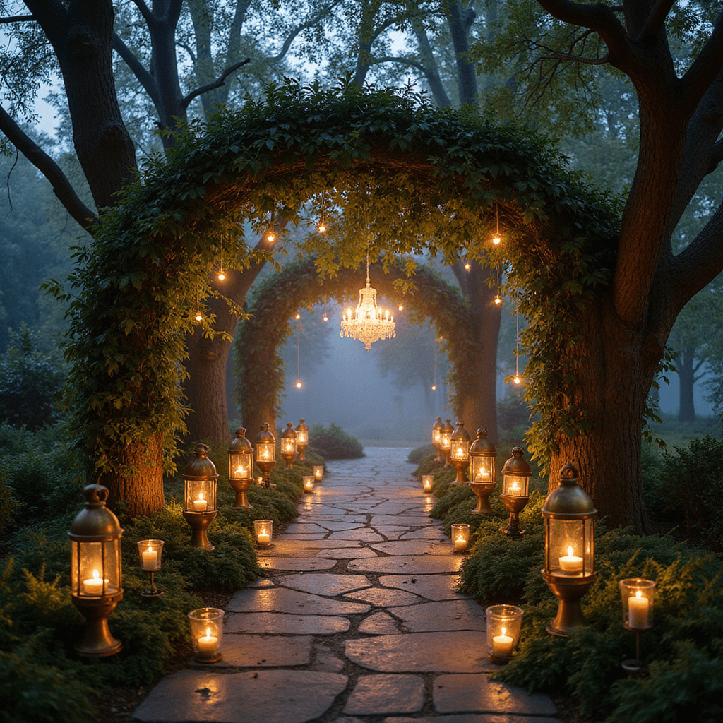 A moonlit stone pathway in an enchanted garden, illuminated by thousands of fairy lights and surrounded by ancient trees forming a natural archway with vines and glass orbs. Vintage brass lanterns sit among moss and ferns, with crystal chandeliers hanging from branches, enhanced by ethereal fog for a mysterious, romantic atmosphere.