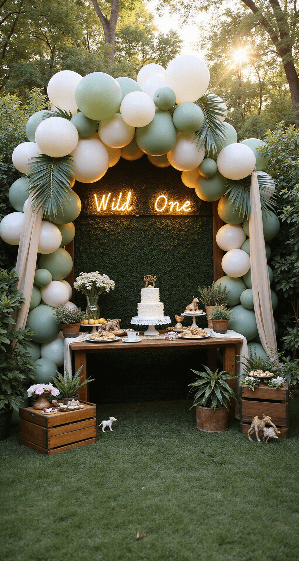 Sunlit backyard jungle-themed party with a large sage green, ivory, and gold balloon arch framing a dessert table with a three-tier naked cake, surrounded by green plants and safari animal figurines. Soft evening light beams through draped fabric, illuminating vintage wooden crates and a neon 'Wild One' sign amidst twinkling fairy lights.