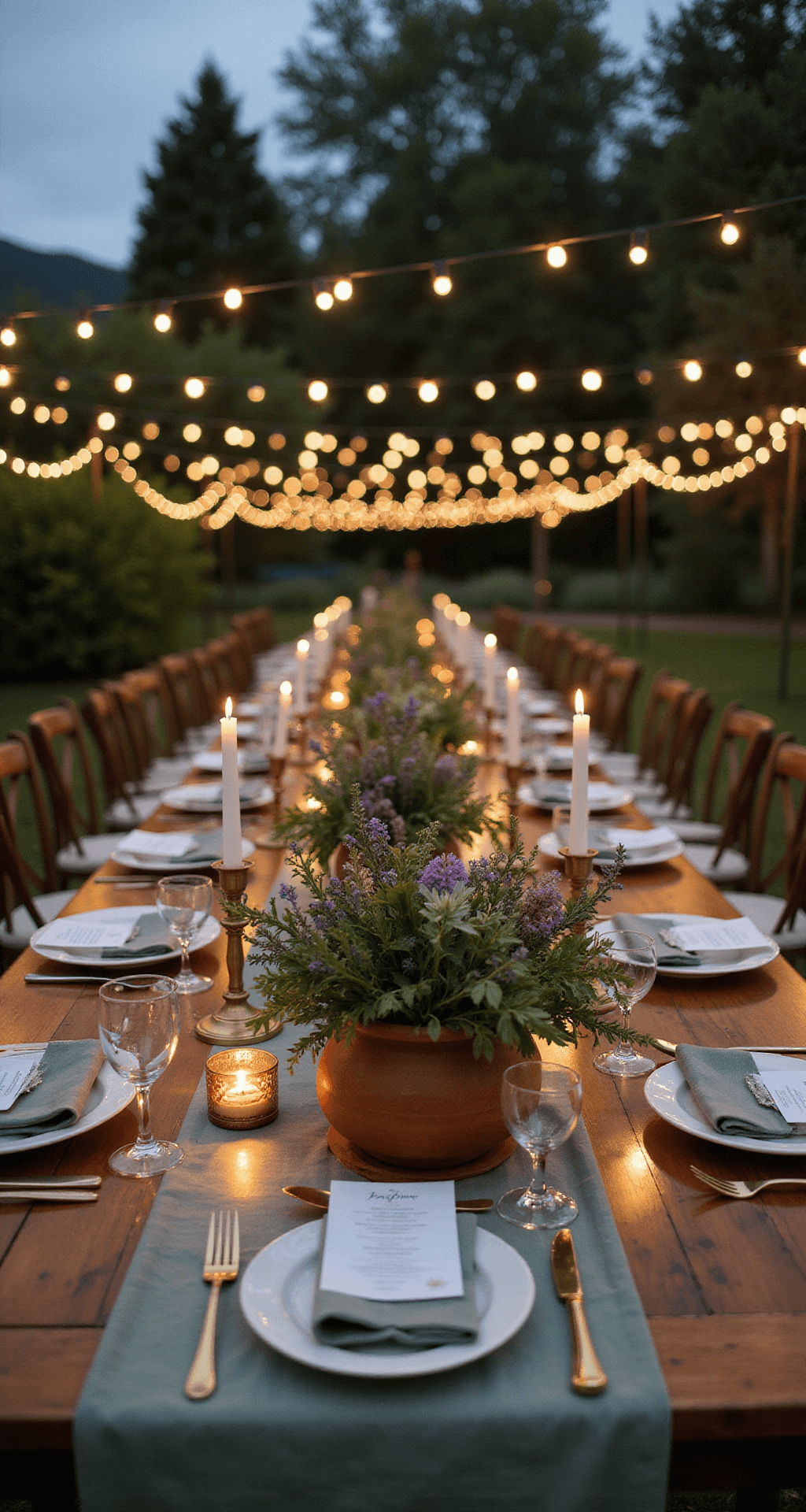 An intimate garden reception at dusk features suspended fairy lights, farm tables with sage linen runners, wildflower centerpieces in terracotta vessels, and vintage brass candlesticks with warm candlelight, all captured at eye level with a shallow depth of field.