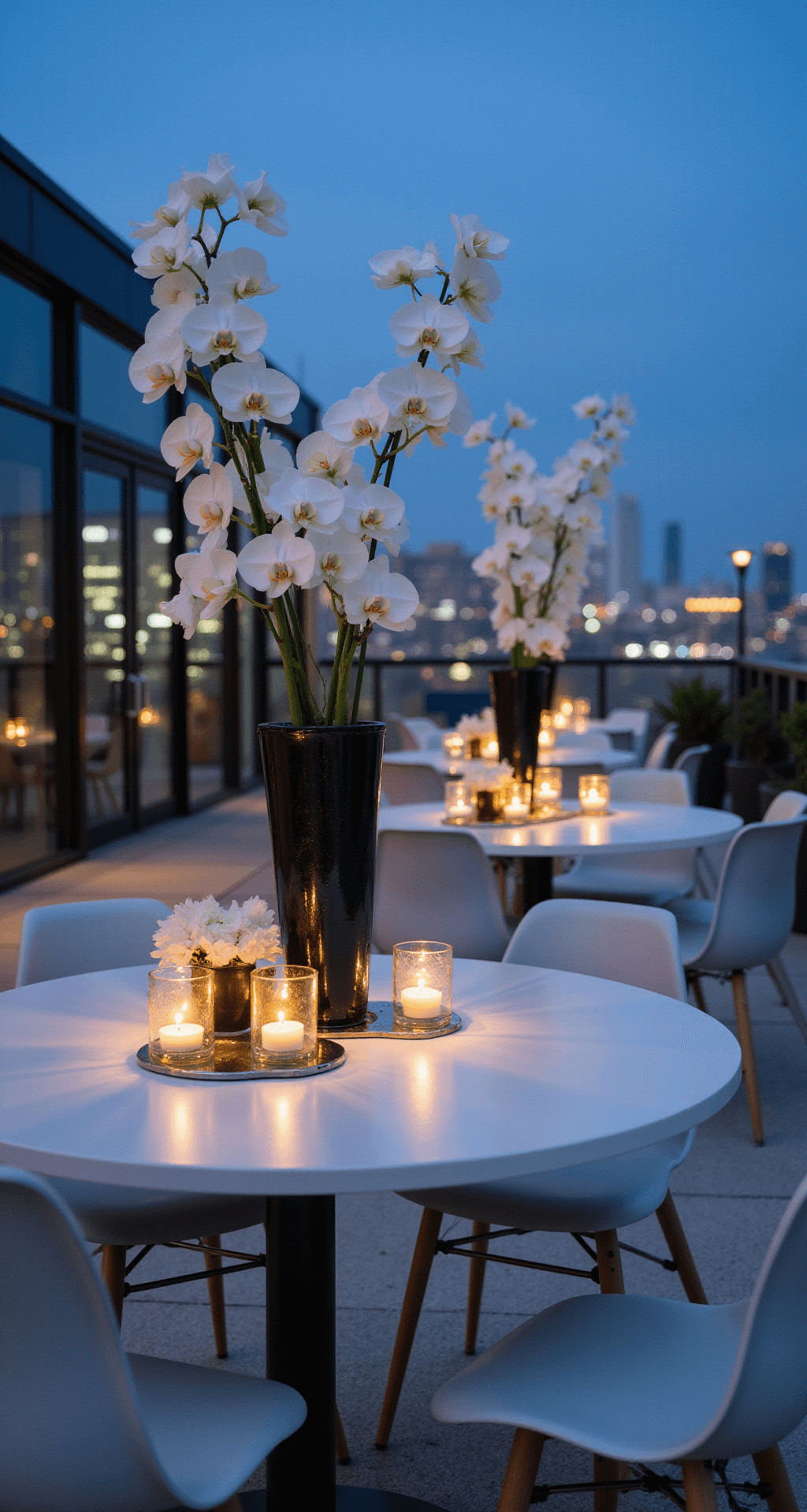 A modern rooftop venue at blue hour, featuring sleek white tables adorned with architectural arrangements of white orchids and calla lilies in black ceramic vases, with metallic accents and mirror details reflecting city lights, dramatic clean lines, negative space, and floating candles for romance, shot from an elevated angle.