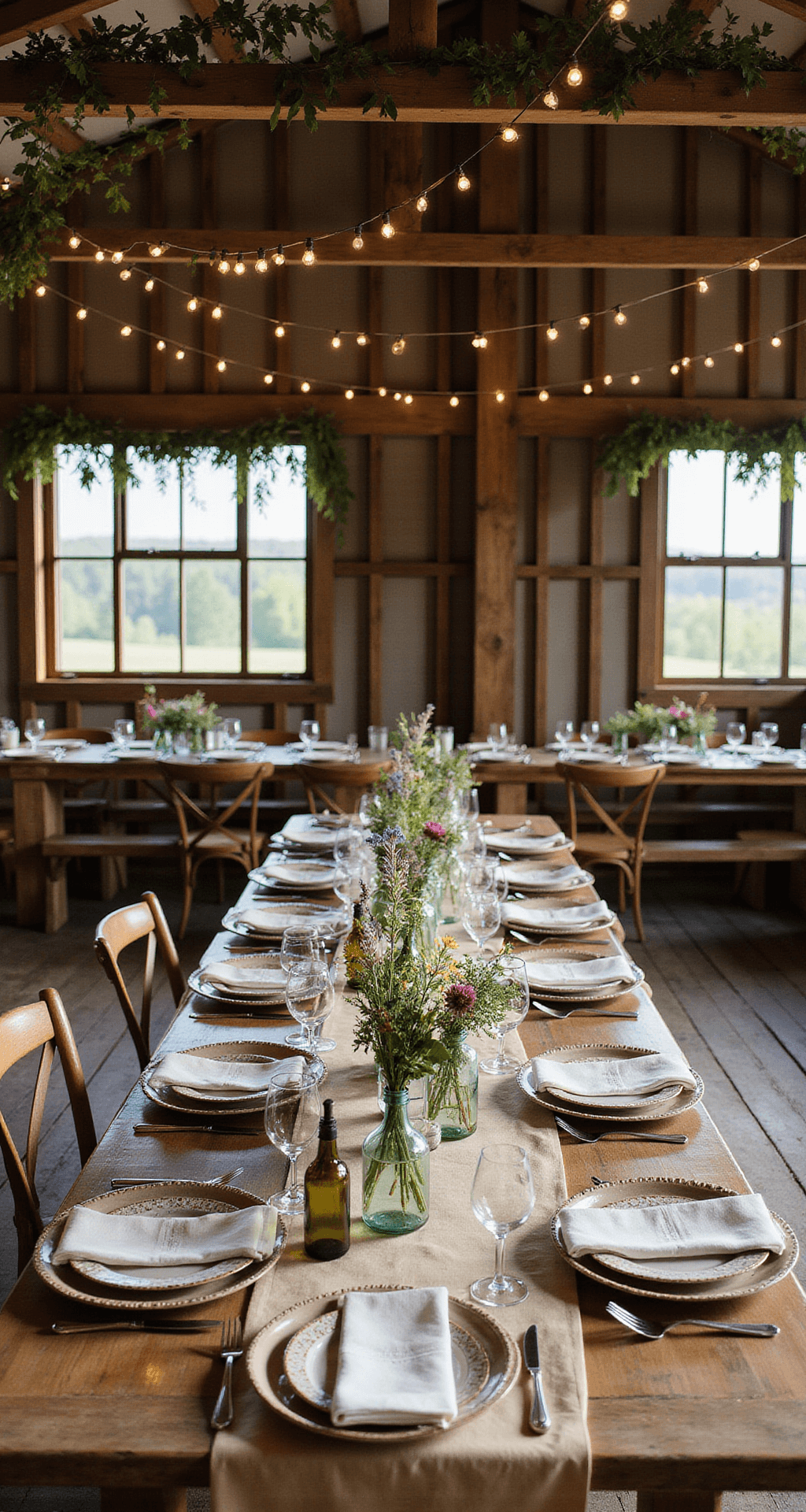 A rustic barn interior adorned with eucalyptus garlands and café lights, featuring long wooden harvest tables set with vintage glass bottles of wildflowers, kraft paper runners, wooden chargers, and natural linen napkins, illuminated by natural light streaming through the windows.