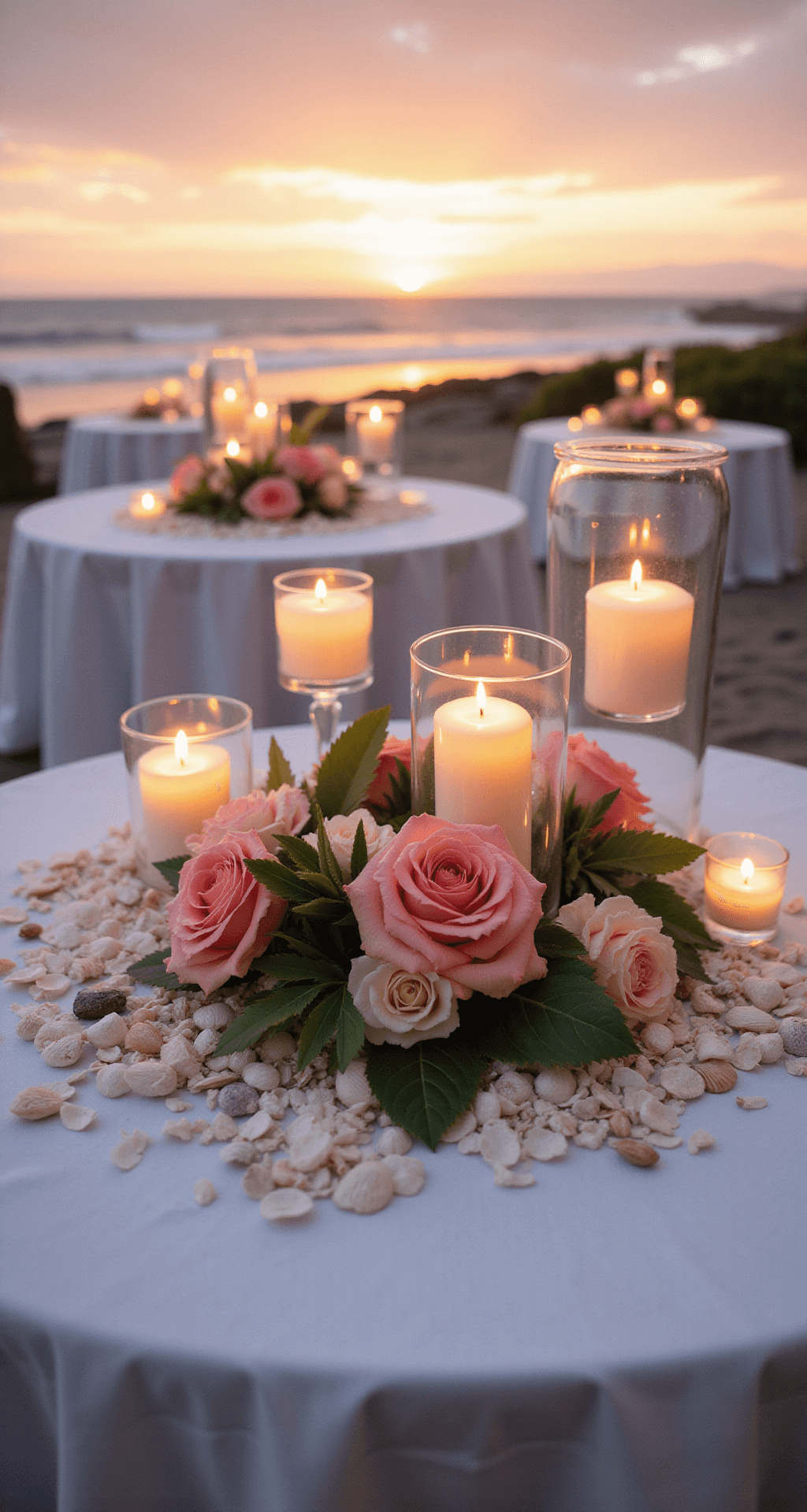 A picturesque beachfront celebration at sunset featuring low cocktail tables adorned with white, gauzy fabric, oversized glass hurricanes filled with pillar candles, and scattered rose petals and seashells, complemented by coral and blush garden roses in clear glass vases, all set against a dreamy ocean backdrop with soft bokeh effects.