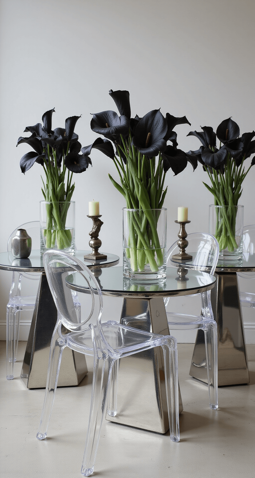 A modern museum interior showcasing lucite ghost chairs and mirrored tables adorned with striking black calla lilies, geometric metal sculptures, and contemporary candleholders, all enhanced by dramatic lighting that casts bold shadows and highlights reflective surfaces.
