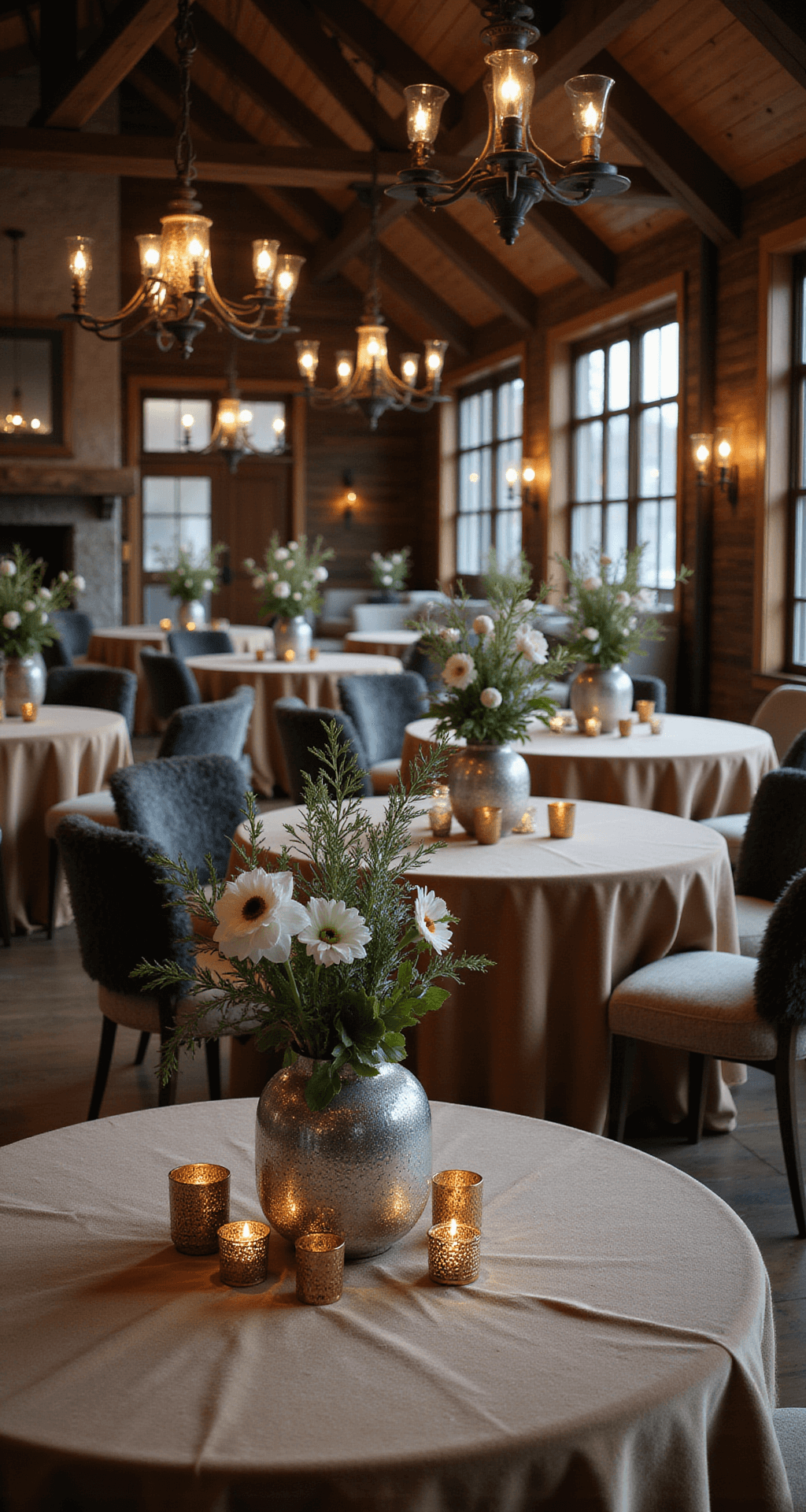 A cozy winter lodge setting featuring round tables with velvet linens, adorned with organic floral arrangements of white amaryllis, anemones, and silver brunia in mercury glass vases, illuminated by iron chandeliers in moody evening light, with fur chair covers and metallic accents adding a touch of luxury.