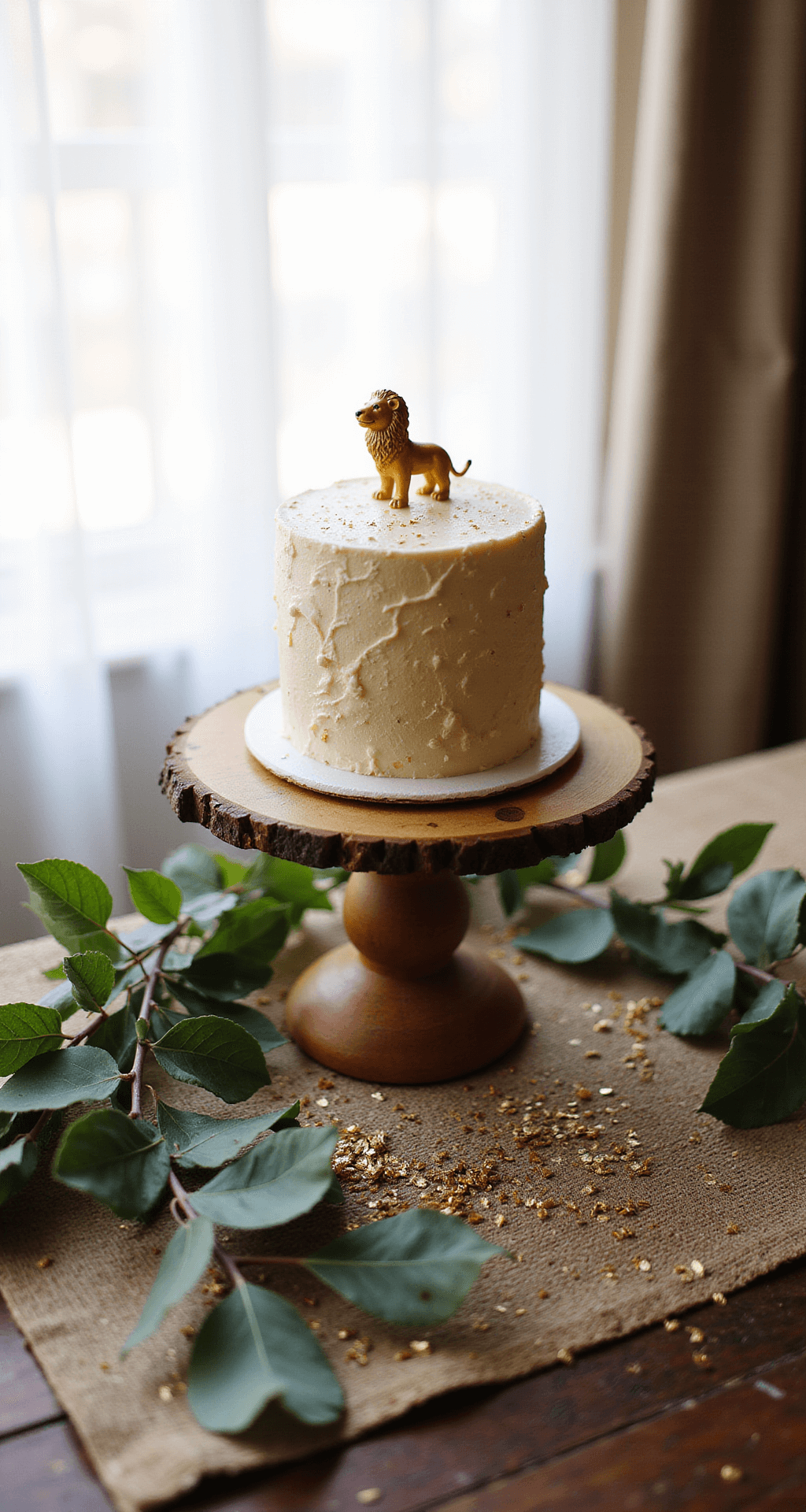 A detailed shot of a smash cake station featuring a wooden cake stand with a buttercream cake topped with gold leaf and a lion figurine, surrounded by eucalyptus and monstera leaves, soft sunlight, gold confetti, acrylic signage, and a Persian rug.