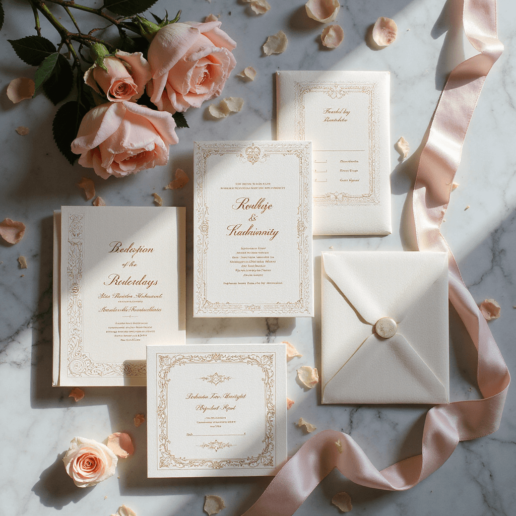 Flat lay of an ornate wedding invitation suite with gold foil lettering on ivory paper, wax-sealed envelopes, RSVP cards, and silk ribbons, framed by blush pink garden roses and petals on antique marble, with natural light casting shadows.