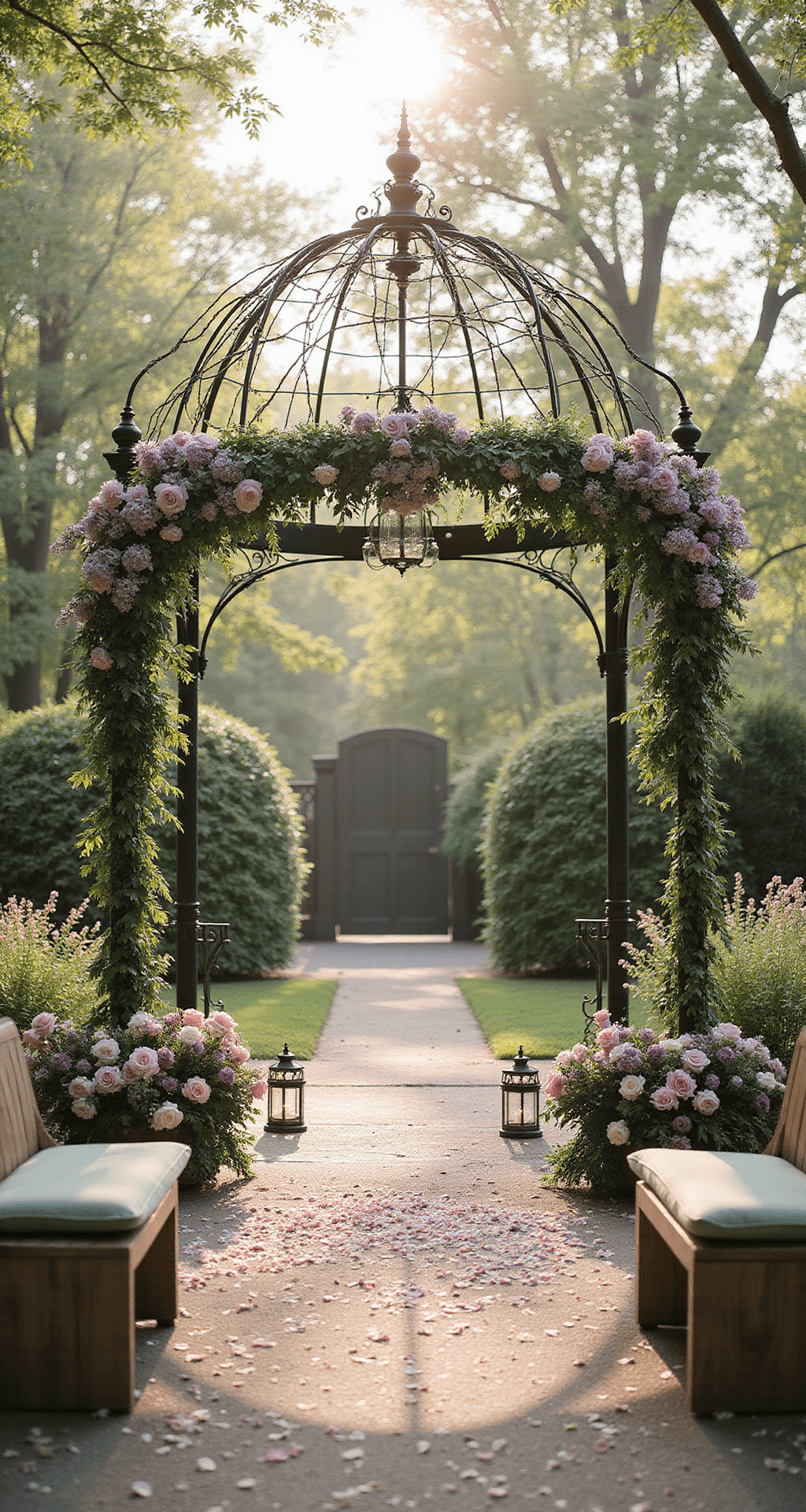 Low-angle view of an intimate garden ceremony setup with a flower-lined aisle leading to an antique iron gazebo draped in wisteria and roses. Asymmetrical spring floral arrangements anchor corners. Wooden benches with sage green cushions, scattered with petals, flank the aisle. Morning light filters through blooming trees, with vintage lanterns lining the pathway.